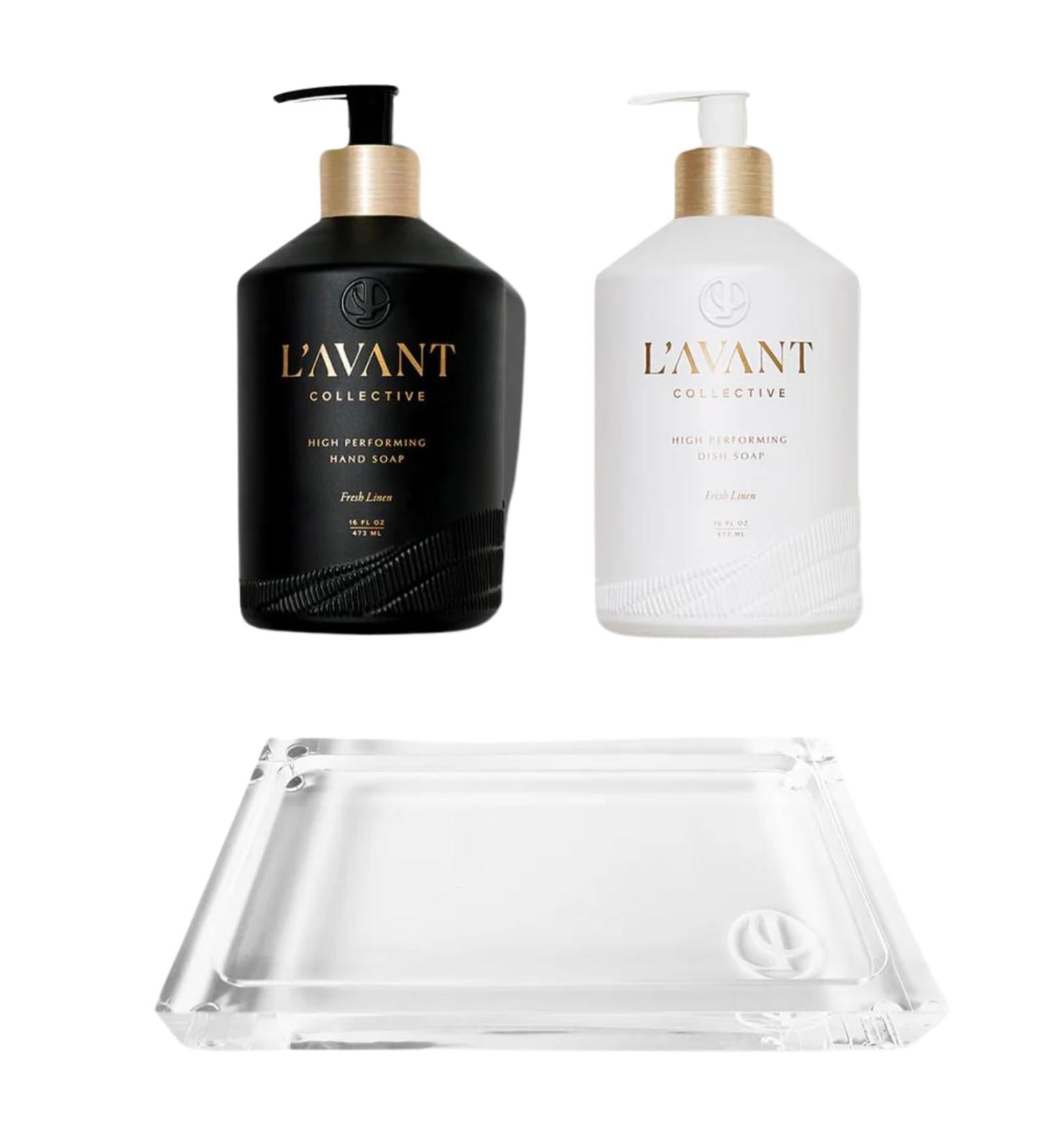 L'AVANT Collective Deluxe Dish & Hand Soap Duo & Elegant Lucite Tray - High Performing Fresh Linen Scent Luxurious Glass Bottles with Plant-Based Formulas Kitchen Essentials Hostess Gifts - Buy Online on GoSupps.com