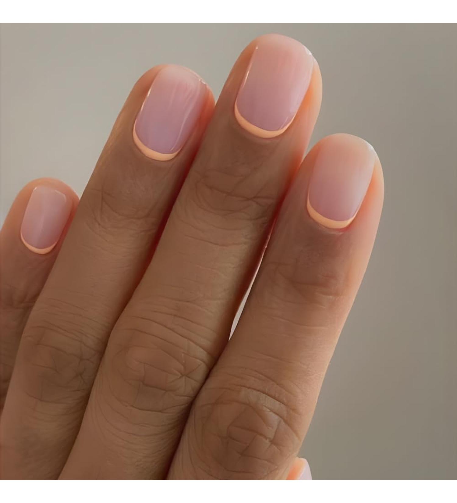 French Tip Press on Nails - Short Round Press On Nails with Nail Tips Minimalist yellow edged French fake nails Design Glossy Naked Pink press on nails Acrylic False Nails Cute Artificial Nails - Buy Online on GoSupps.com