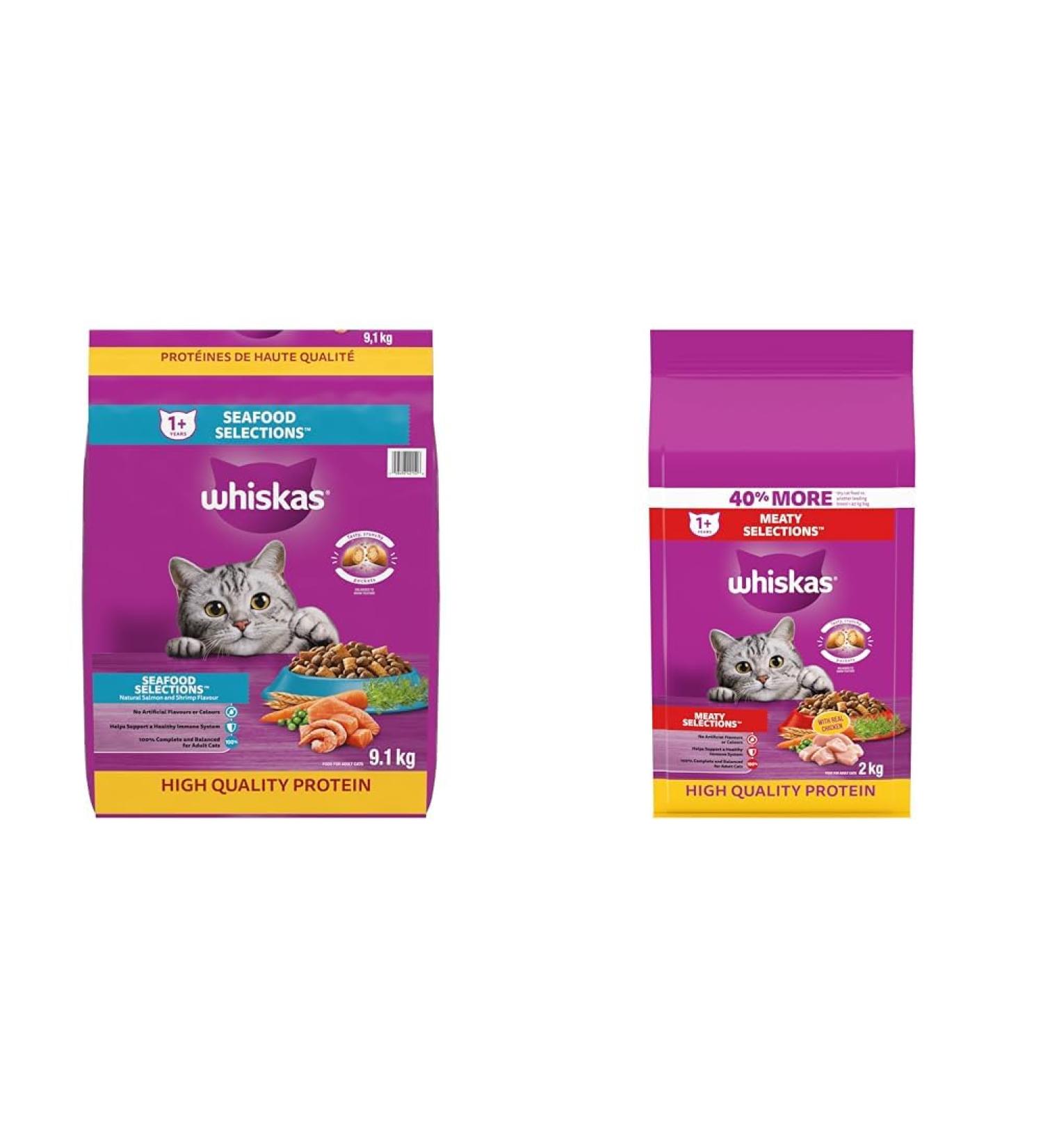 WHISKAS Seafood Selections Adult Dry Cat Food with Real Salmon 9.1kg Bag & Meaty Selections Adult Dry Cat Food with Real Chicken 2kg bag - Buy Online on GoSupps.com