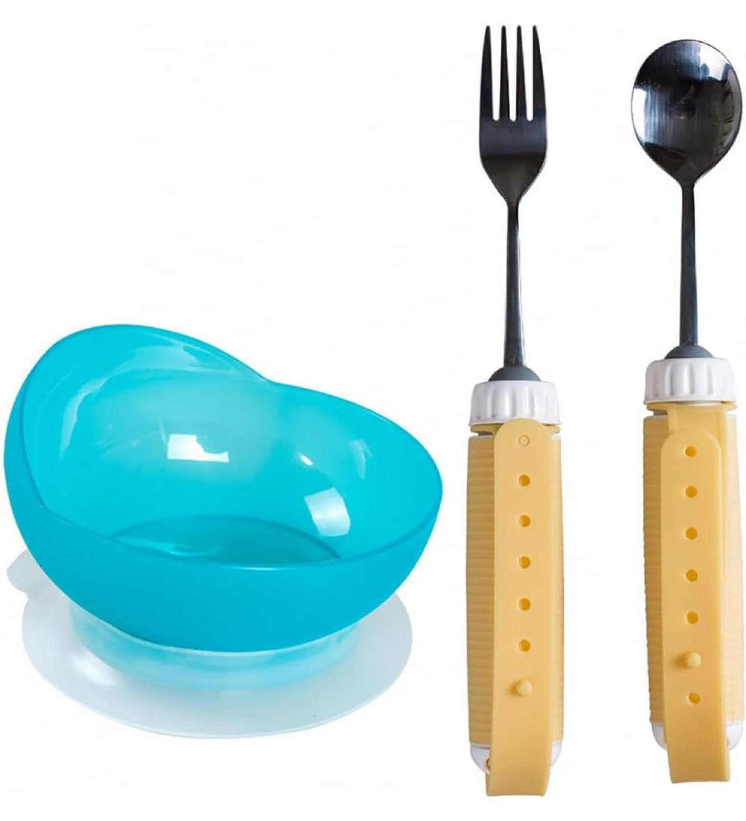 Anti-Shake Tableware Set for The Elderly - Anti-Spill Bowl with Suction Cup Base/Stainless Steel Curved Tableware for Assisted Feeding Suitable for The Elderly/Parkinson/Arthritis - Buy Online on GoSupps.com