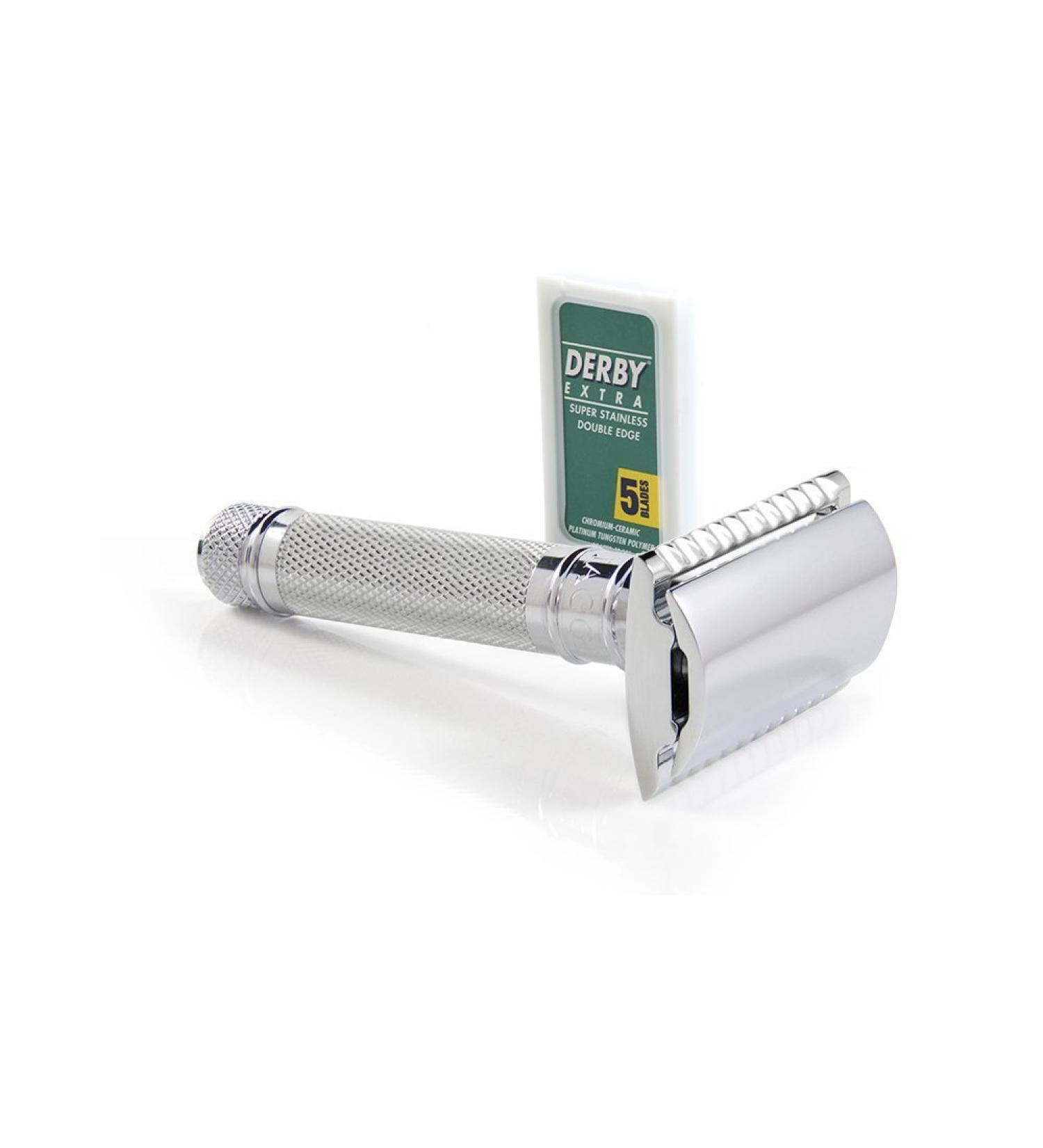 Edwin Jagger Double Edge Safety Razor with Knurled Short Handle + 5 Blades - Buy Online on GoSupps.com