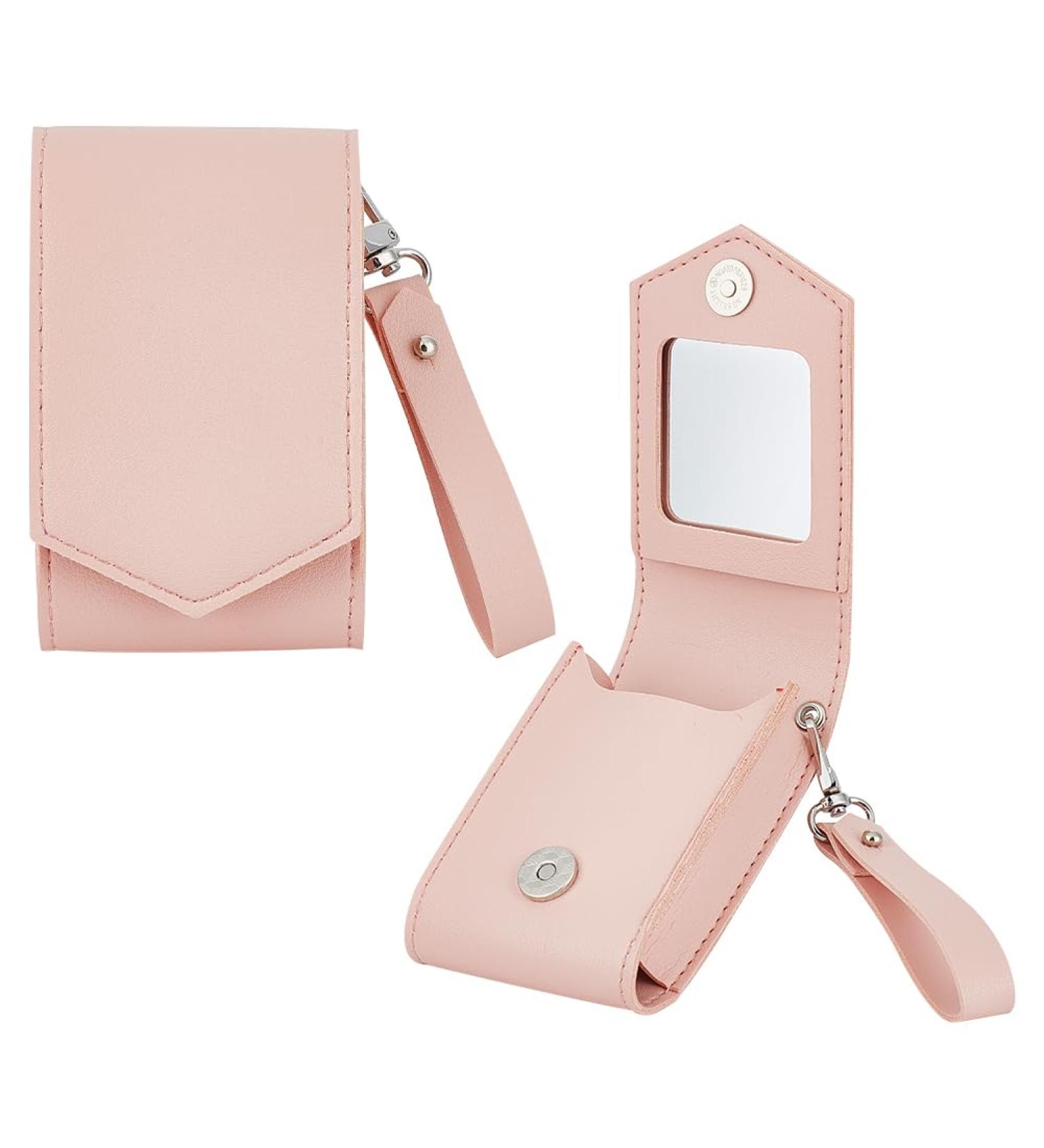 OLYCRAFT Pink Leather Makeup Lipstick Case - Portable Storage with Mirror | Travel Cosmetic Pouch for Women - 2Pcs Mini Bag (4.2x2.5x1.1 Inch - Buy Online on GoSupps.com