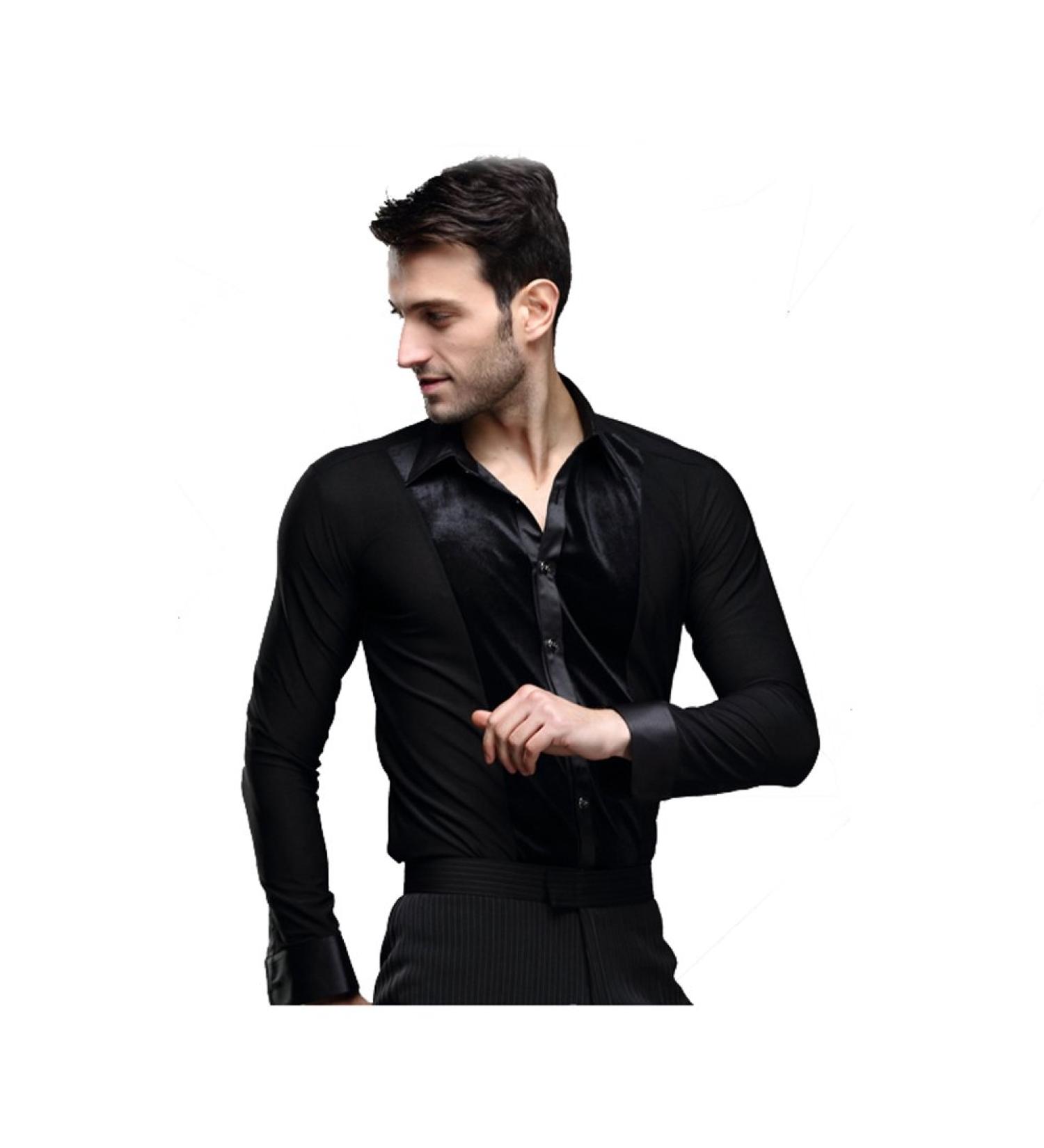 YILINFEIER Men Long Sleeves Black Velvet Latin Ballroom Dance Shirts Suit Chacha Rumba Samba Small Lapel