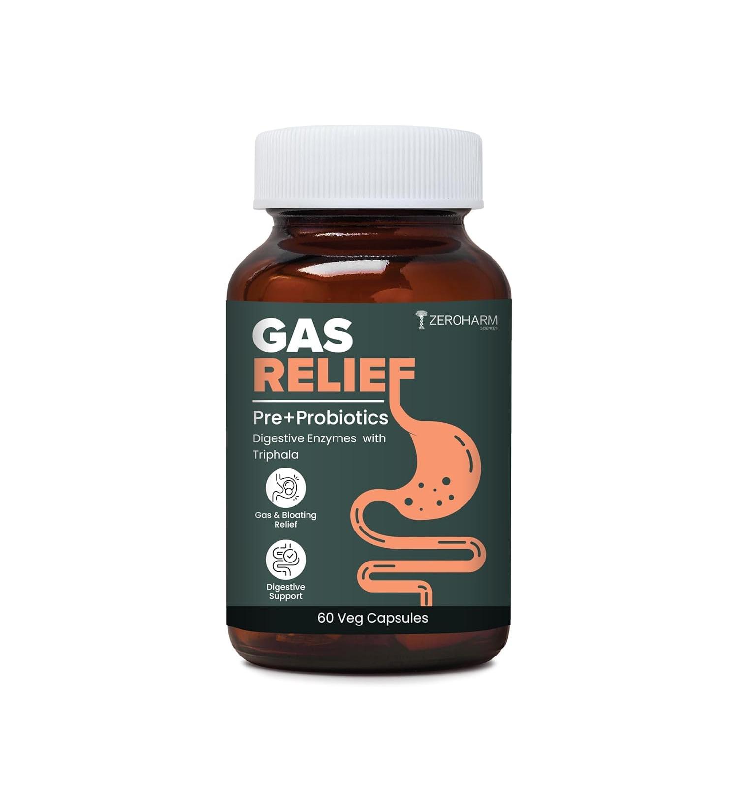 Natural Gas Relief Capsules | Helps in Reducing Acidity Recurrence With Digestive Enzymes Pre-Probiotics & Triphala | Reduces Bloating Flatulence & Enhances Digestion | 60 Capsules - Buy Online on GoSupps.com