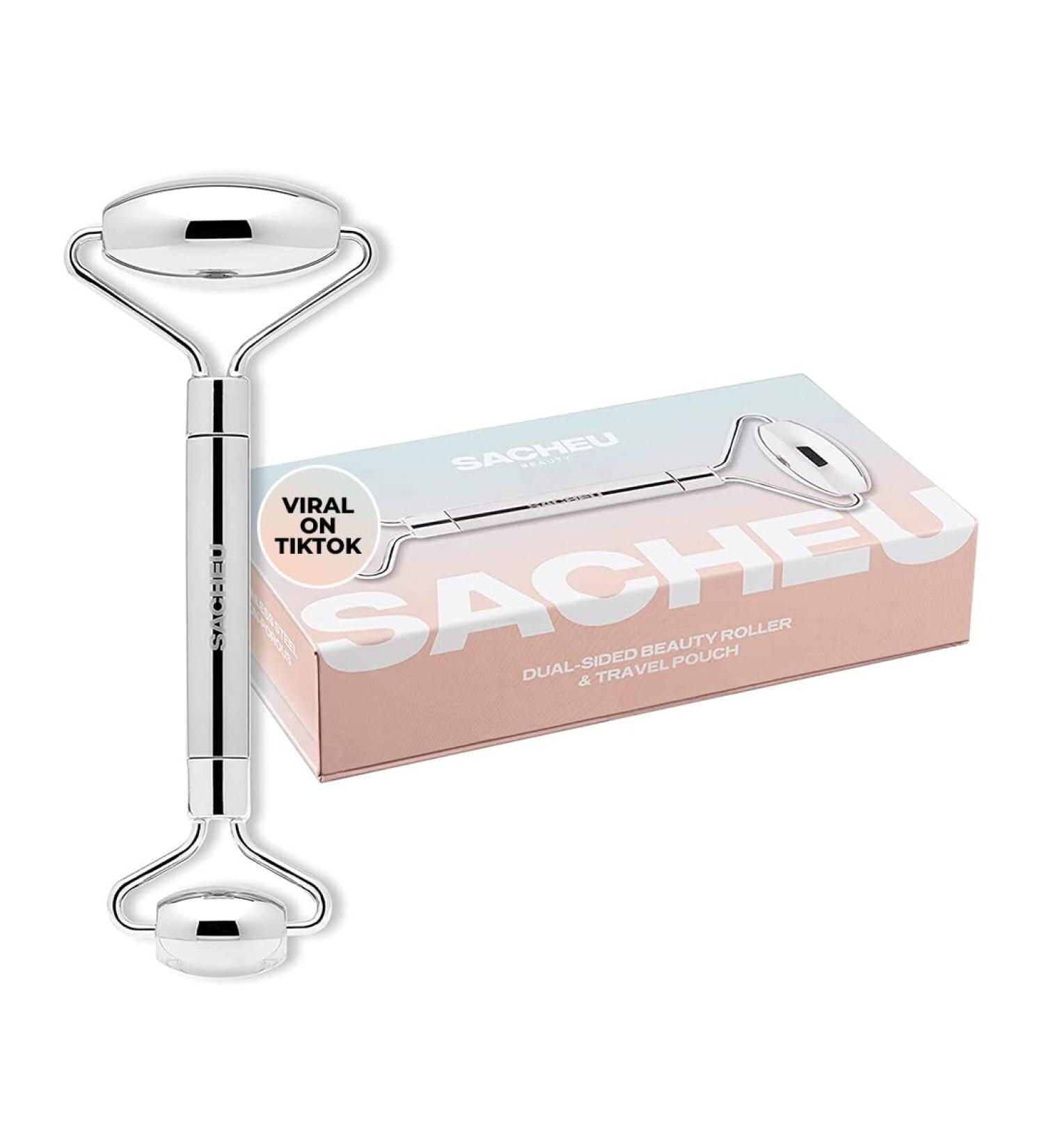 SACHEU Stainless Steel Facial Roller - Reduce Puffiness, Inflammation & Boost Circulation - Dual Sided Metal Face Roller for Cooling Massage - Includes Travel Pouch - Buy Online on GoSupps.com