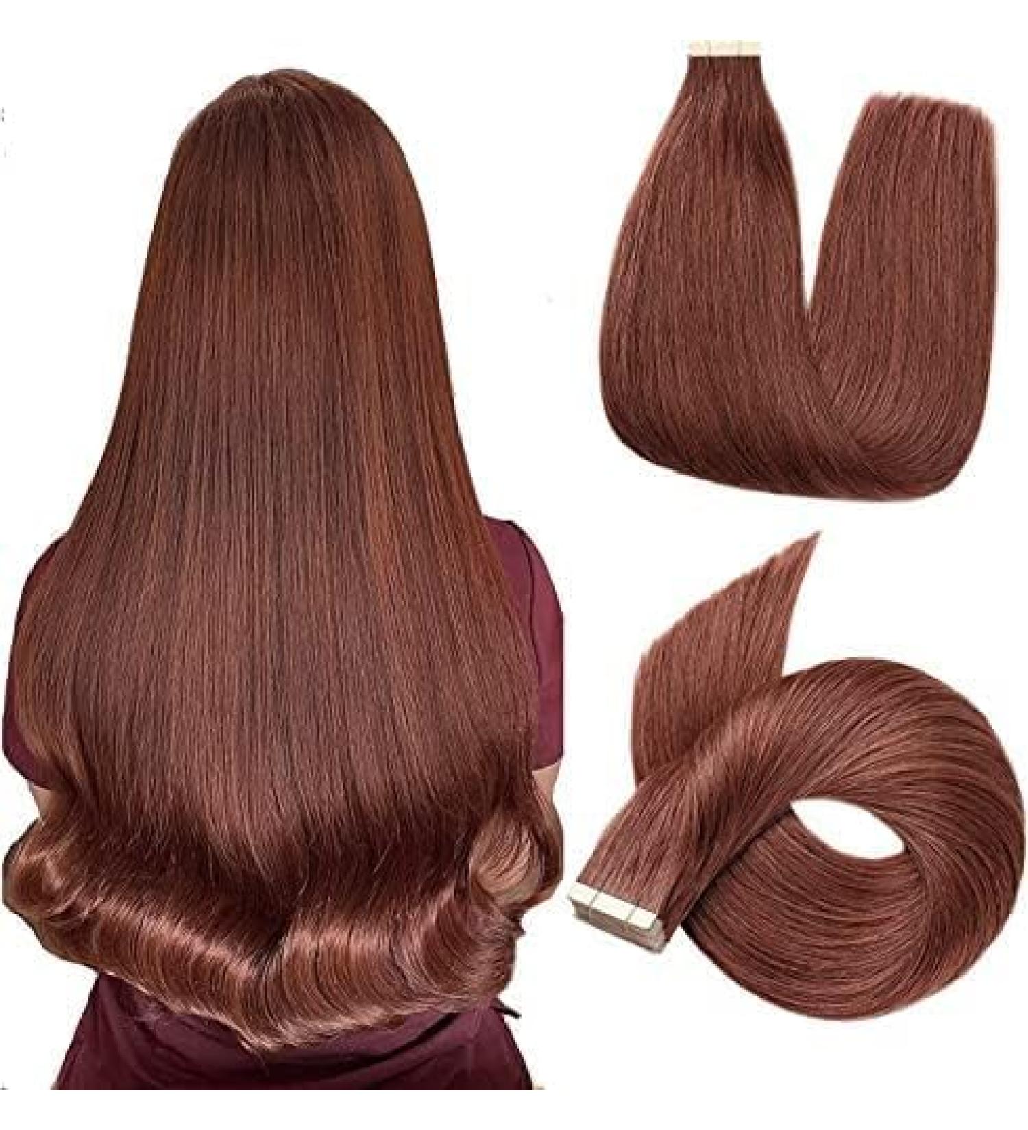 Hotlulana 20 Inch Dark Red Brown Tape Extensions - 100% Real Human Hair 50g 20pcs Invisible Skin Weft #33 - Buy Online on GoSupps.com
