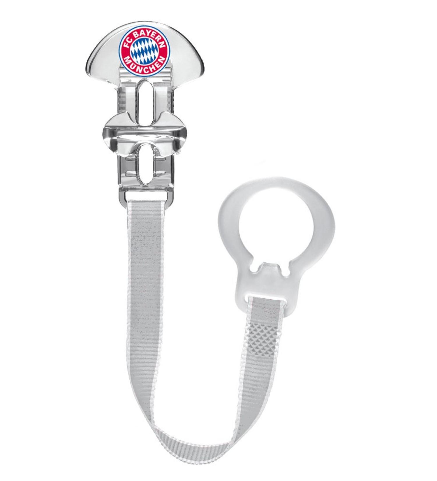 MAM Clip in the fan design of FCB FC Bayern Munich pacifier holder suitable for all MAM Schnuller and Ringschnuller Velcro fastener for bite rings and other accessories gray fan articles football FCB clip