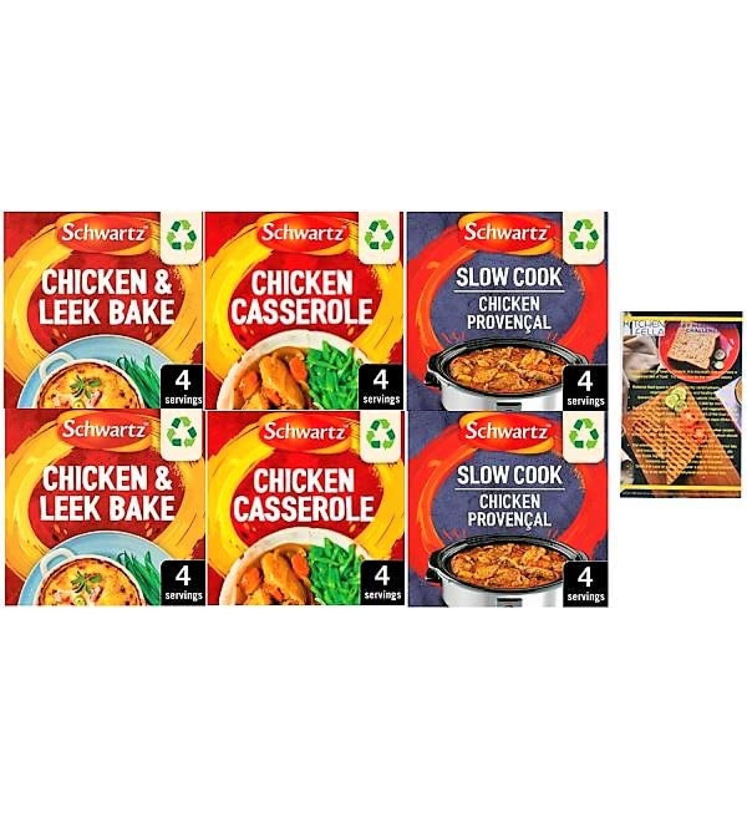 Schwartz Packet Mixes Chicken & Leek Bake (x2) Chicken Casserole (x2) and Chicken Provencal (x2). Also includes 14 Day Healthy Eating Challenge - Buy Online on GoSupps.com
