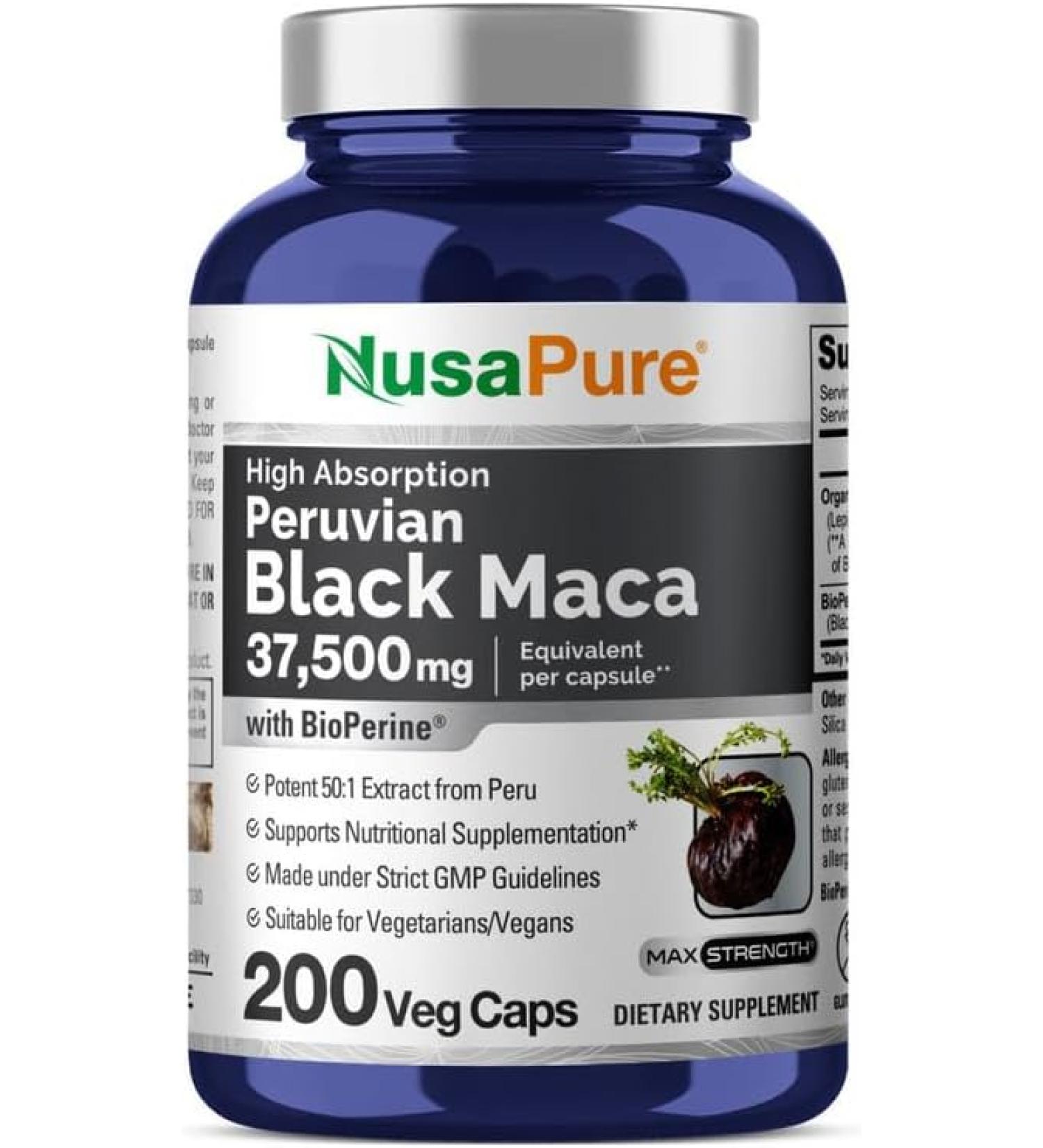 NusaPure Black Maca Root 37 500mg - 200 Veggie Capsules - Buy Online on GoSupps.com