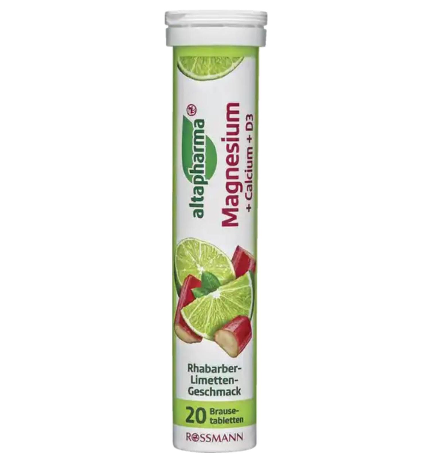 Rhubarb Lime Flavoured Magnesium Calcium Vitamin D3 - Altapharma - 4 x 20 Water Soluble Tablets - Rossmann - Germany