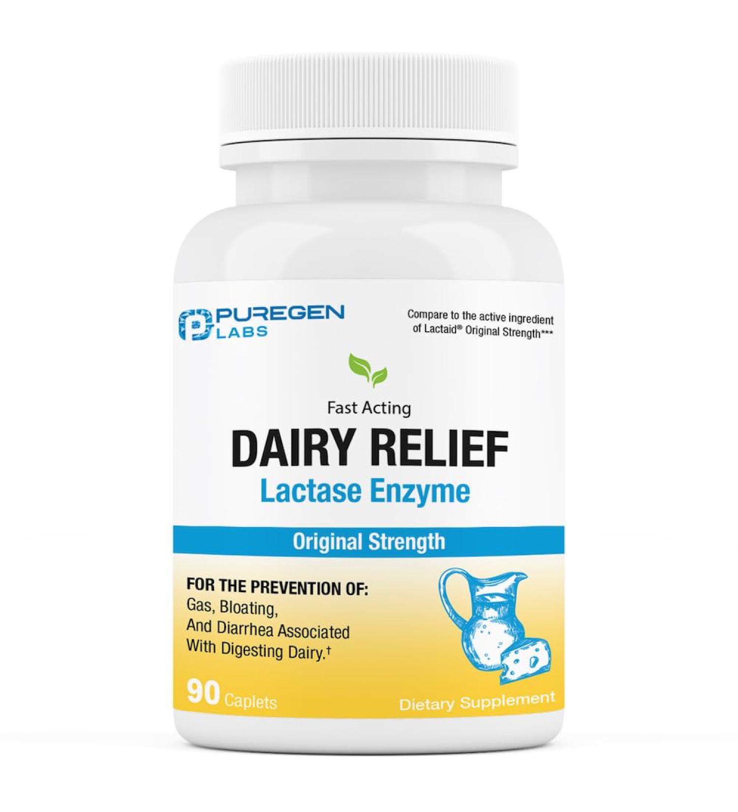 Puregen Labs Dairy Relief Natural Fast Acting Lactase Enzyme 3000 FCC Lactose Intolerance Pills 90 Caplets 1 - Buy Online on GoSupps.com