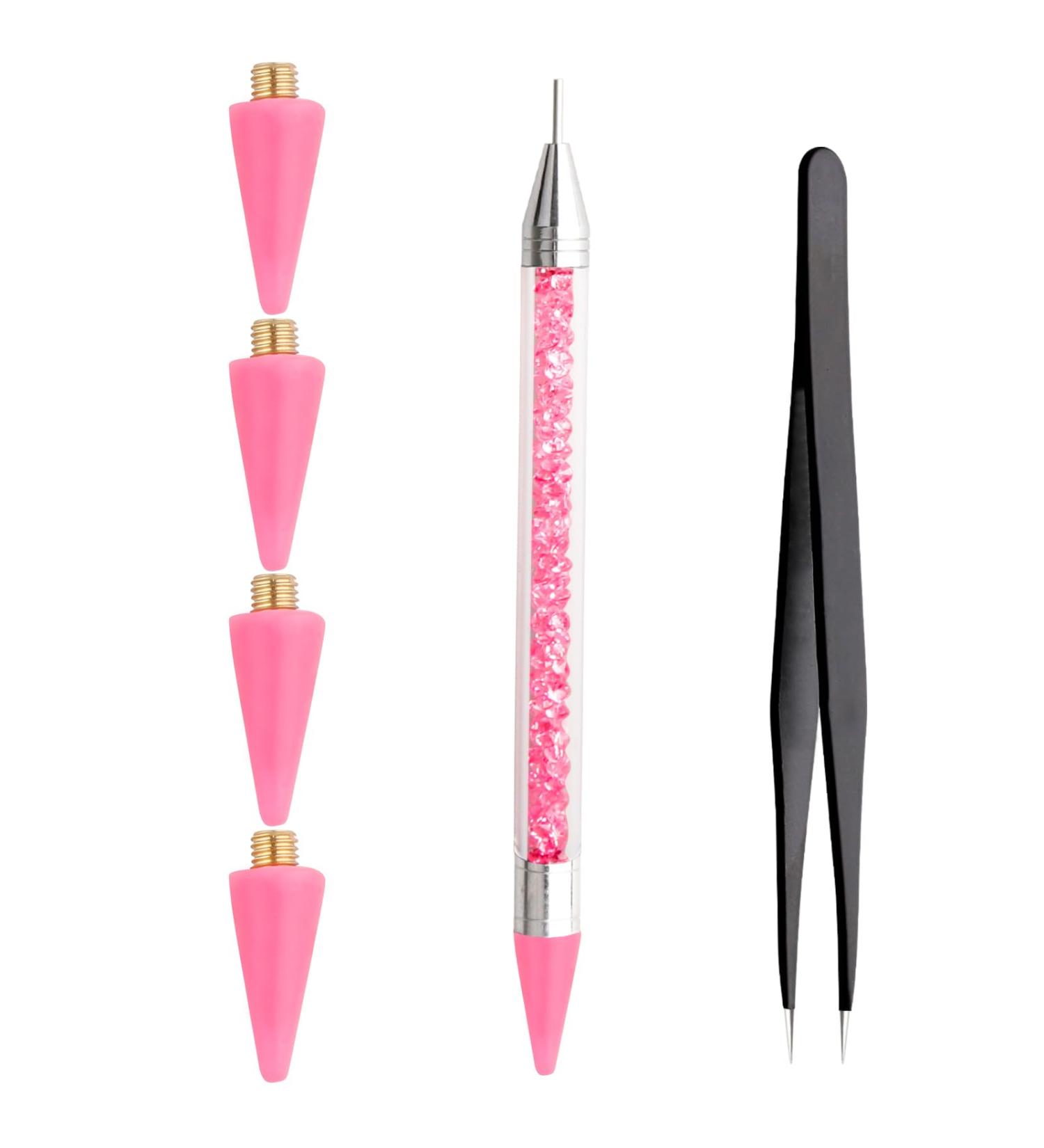 Rhinestones Picker Tool - Dual-Ended Wax Pencil Pen for Jewelry Nail Art & DIY Crafts - 4 Wax Tips & Tweezers (Pink) - International Shipping Available - Buy Online on GoSupps.com