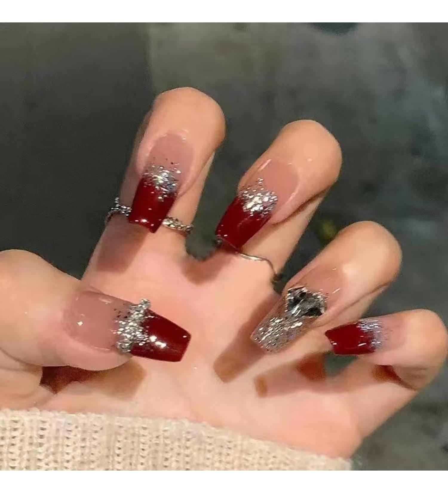 MENILITHS 24Pcs/Set Press On Nails French Wine Red Heart False Nails Acrylic Fake Nails Full Cover Nails Tips Artificial Finger Manicure Press on nails for Women and Girls - Buy Online on GoSupps.com