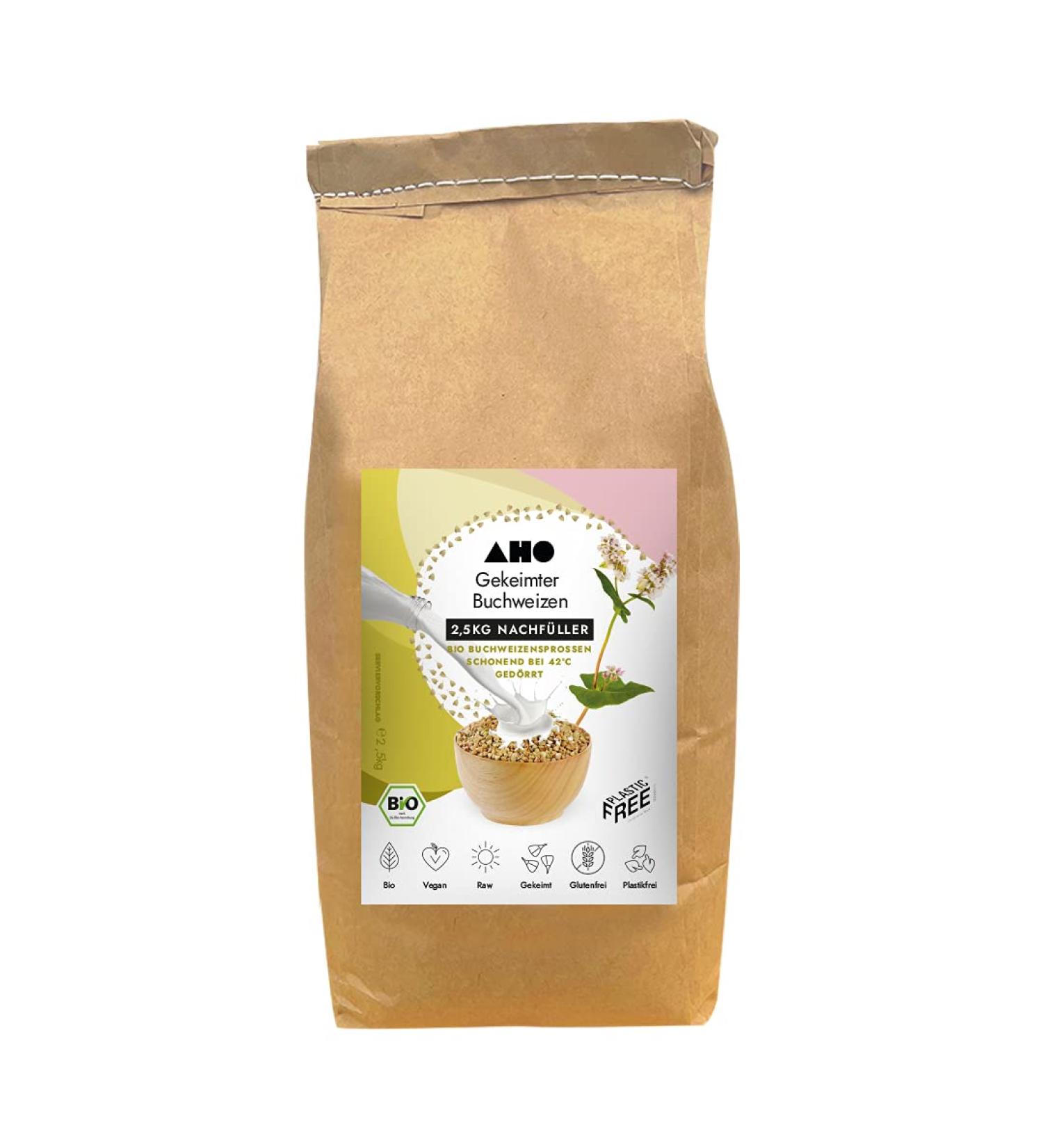 AHO germinated buckwheat 2.5 kg refill organic from Germany and Austria plastic -free packed raw food organic buckwheat and gently dried at 42 C 2.5 kg (1 Pack)