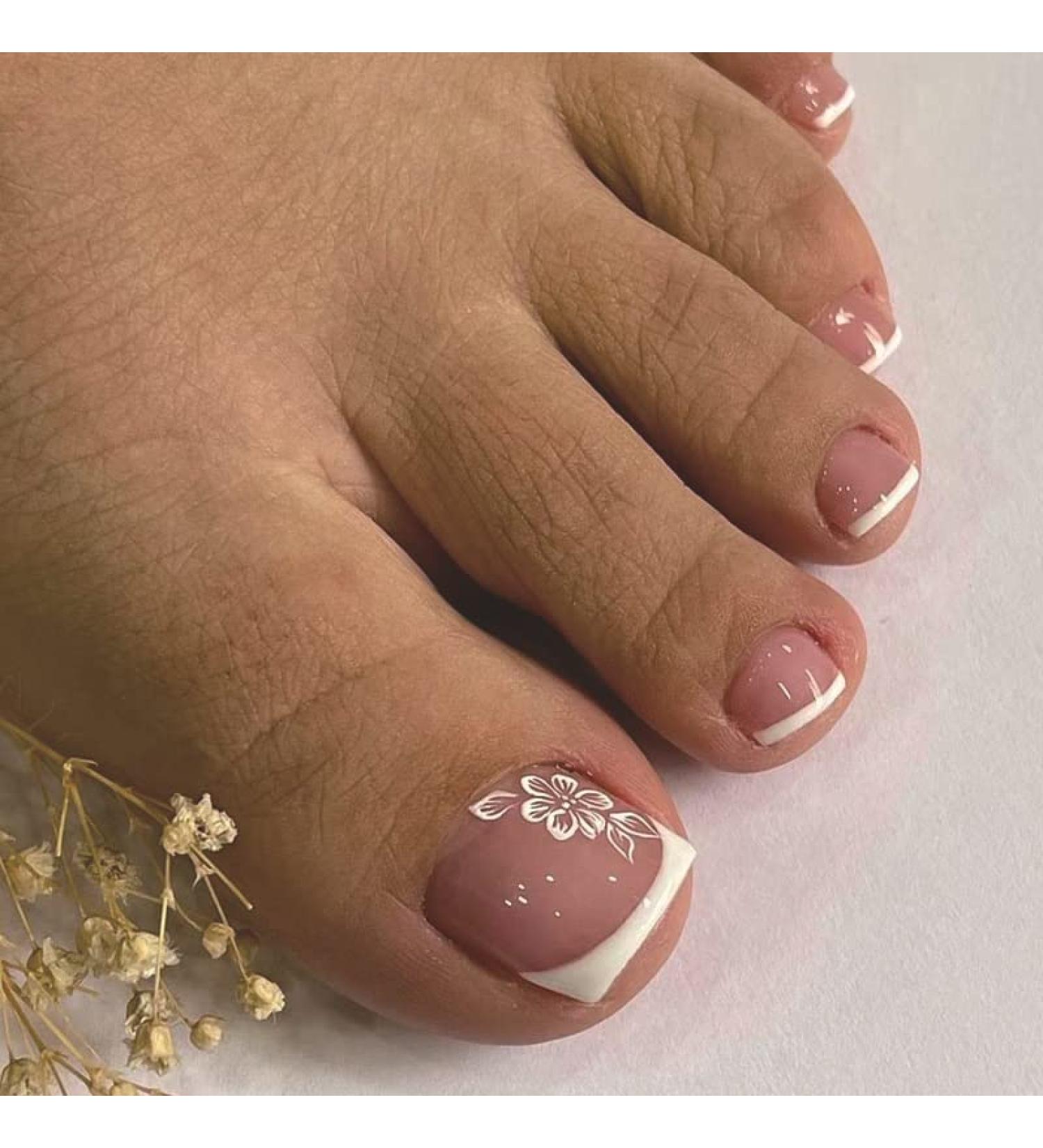 24Pcs Glossy Nude Pink French Tip False Toe Nails with Floral Designs - Acrylic Press On Toenails for Women & Girls - Buy Online on GoSupps.com