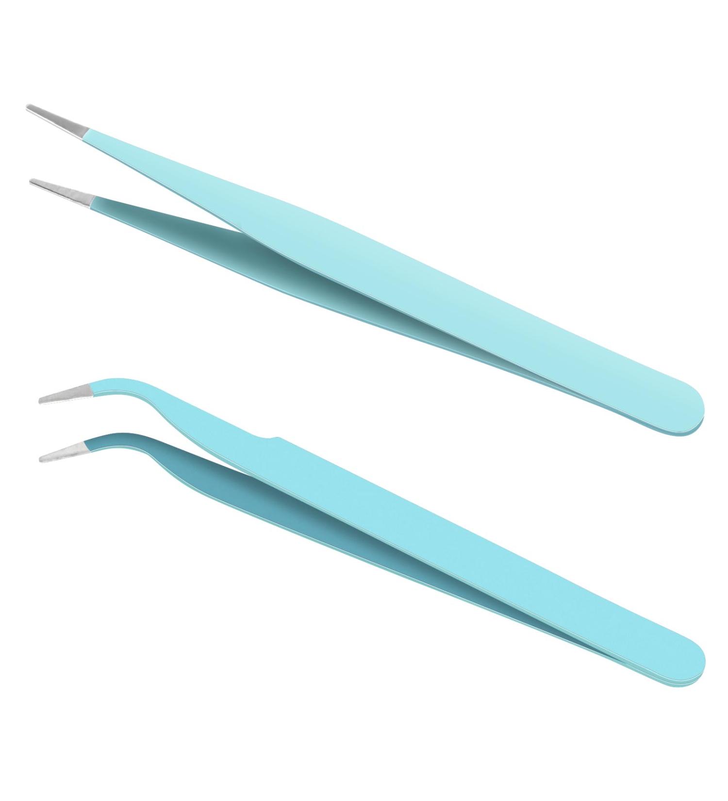 Ainiv 2Pcs Stainless Steel Straight and Curved Lash Tweezers Kit - Blue | For Eyelash Extensions, DIY Crafts, Nail Art & Jewelry Making - Buy Online on GoSupps.com