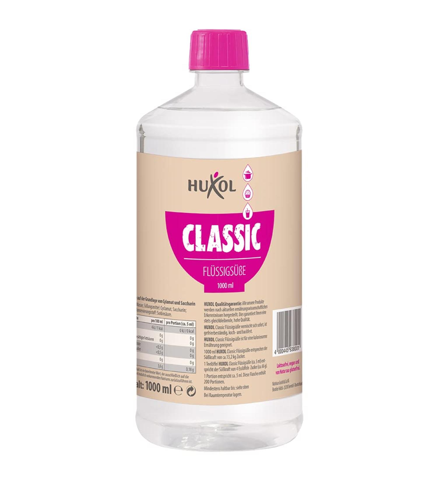 Huxol Classic Liquid Sweetener | 1L | Vegan Lactose-Free Gluten-Free | Low-Calorie Cyclamate & Saccharin | Perfect for Desserts Smoothies & Fruit Salads - Buy Online on GoSupps.com
