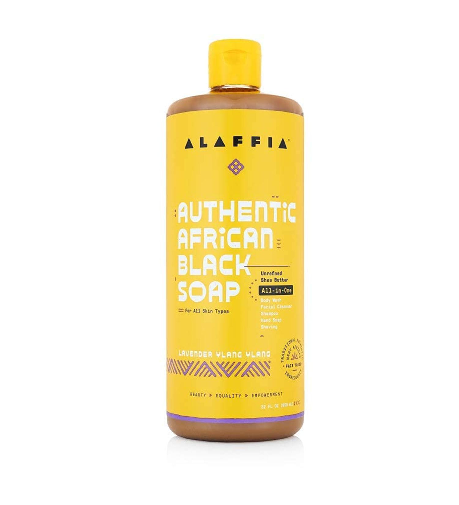 Alaffia Authentic African Black Soap - 4-in-1 Body Wash, Face Wash, Shampoo & Shaving Soap with Fair Trade Shea Butter, Lavender & Ylang Ylang - 32 Fl Oz - Buy Online on GoSupps.com