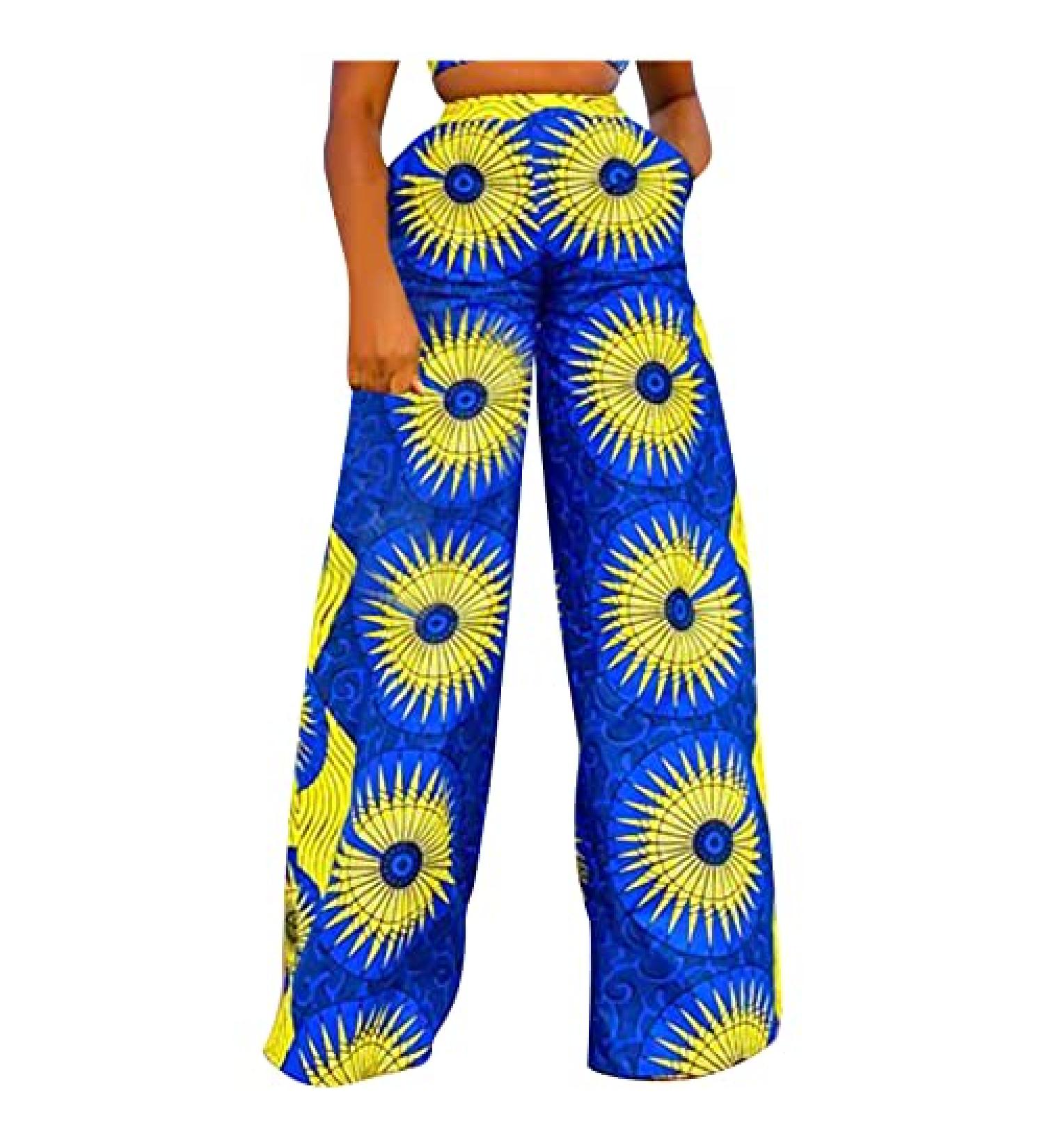 BOXIACEY Wide Leg Printed Boho Hippie Palazzo Pants | Elastic High Waist | Casual Loose Fit | Large Blue - Buy Online on GoSupps.com