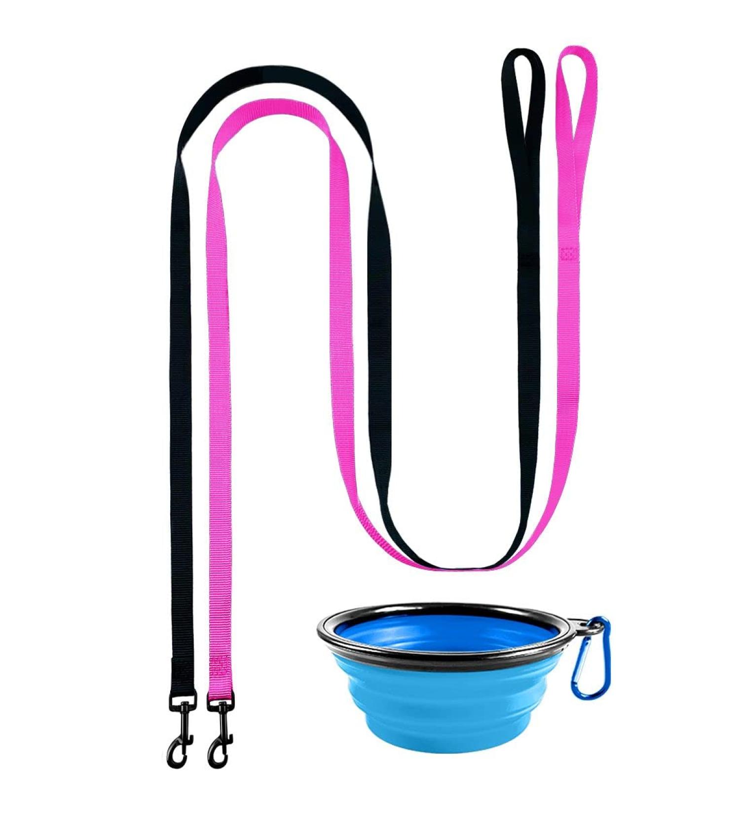 DOYOO 2 Pack Puppy Dog & Cat Leash Set with Collar Hook - Strong & Durable Leashes | Includes Collapsible Pet Bowl | Small & Medium Dogs | Black & Pink - Buy Online on GoSupps.com