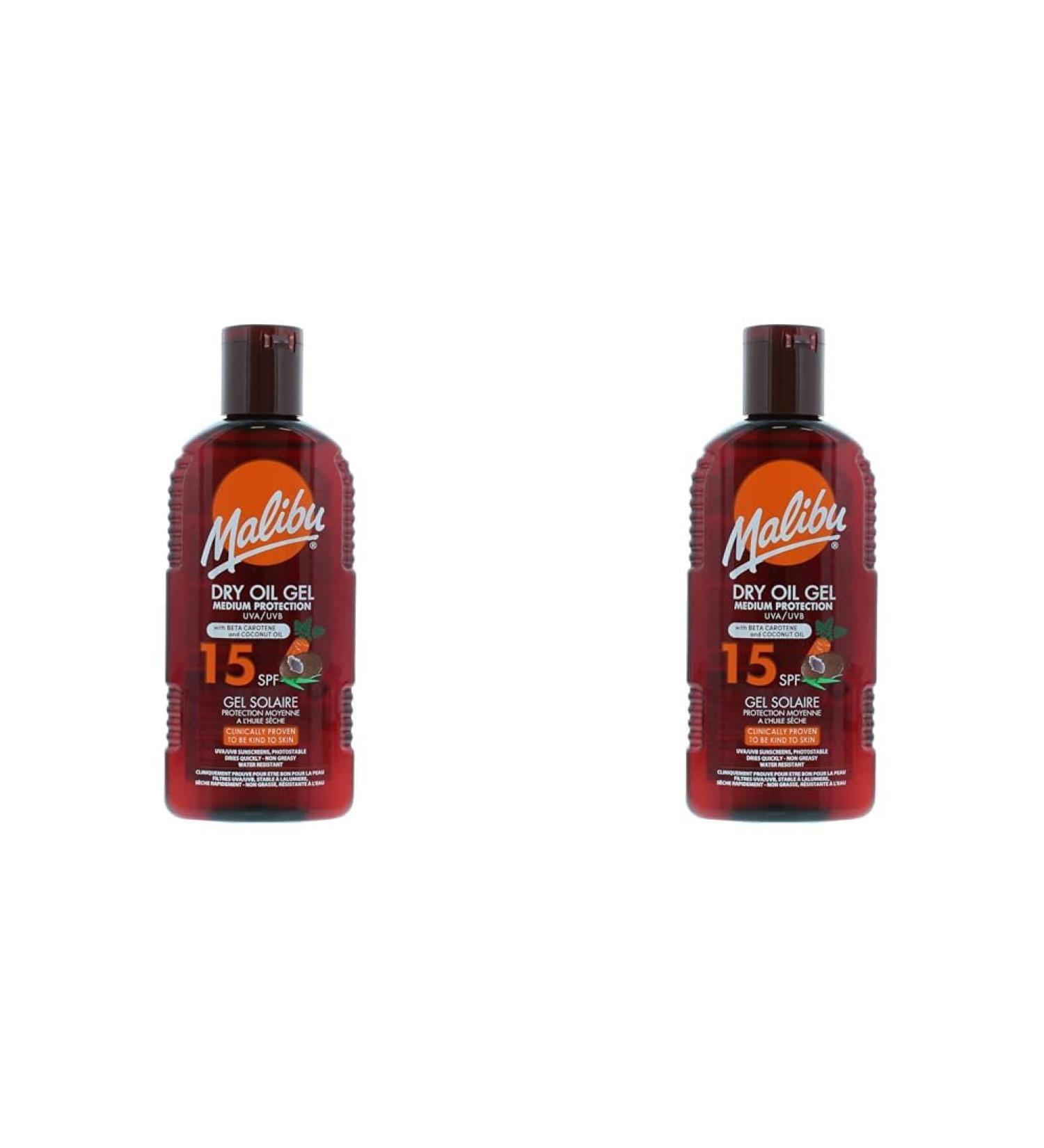 Malibu Sun SPF 15 Non-Greasy Dry Oil Gel with Beta Carotene and Coconut Oil Water Resistant 200ml (Pack of 2) 200 ml (Pack of 2) - Buy Online on GoSupps.com