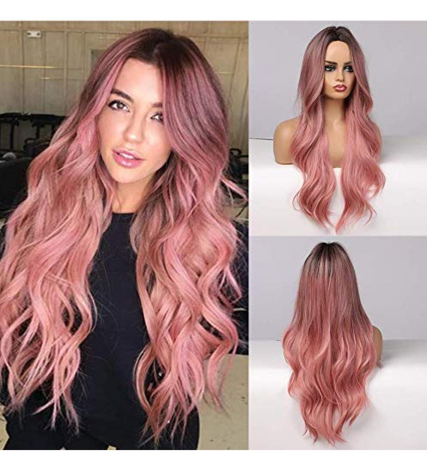 JOOLER Pink Ombre Wig for Women - Long 24 Inch Heat Resistant Natural Hair Color Middle Part Wig - Buy Online on GoSupps.com