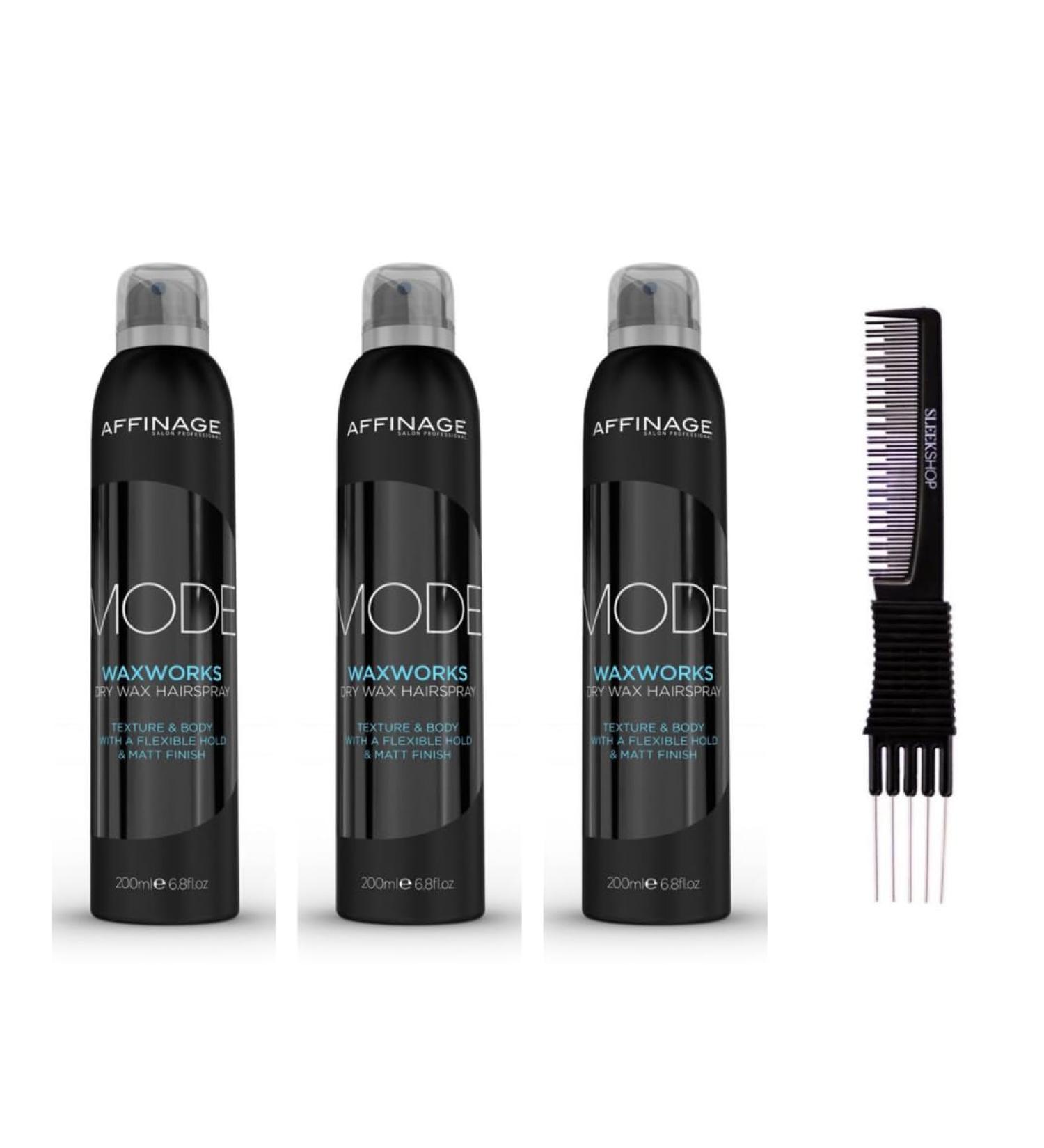 Asp Mode Waxworks Dry Wax Hairspray (6.8 oz) with Teasing Comb Pack of 3 Black