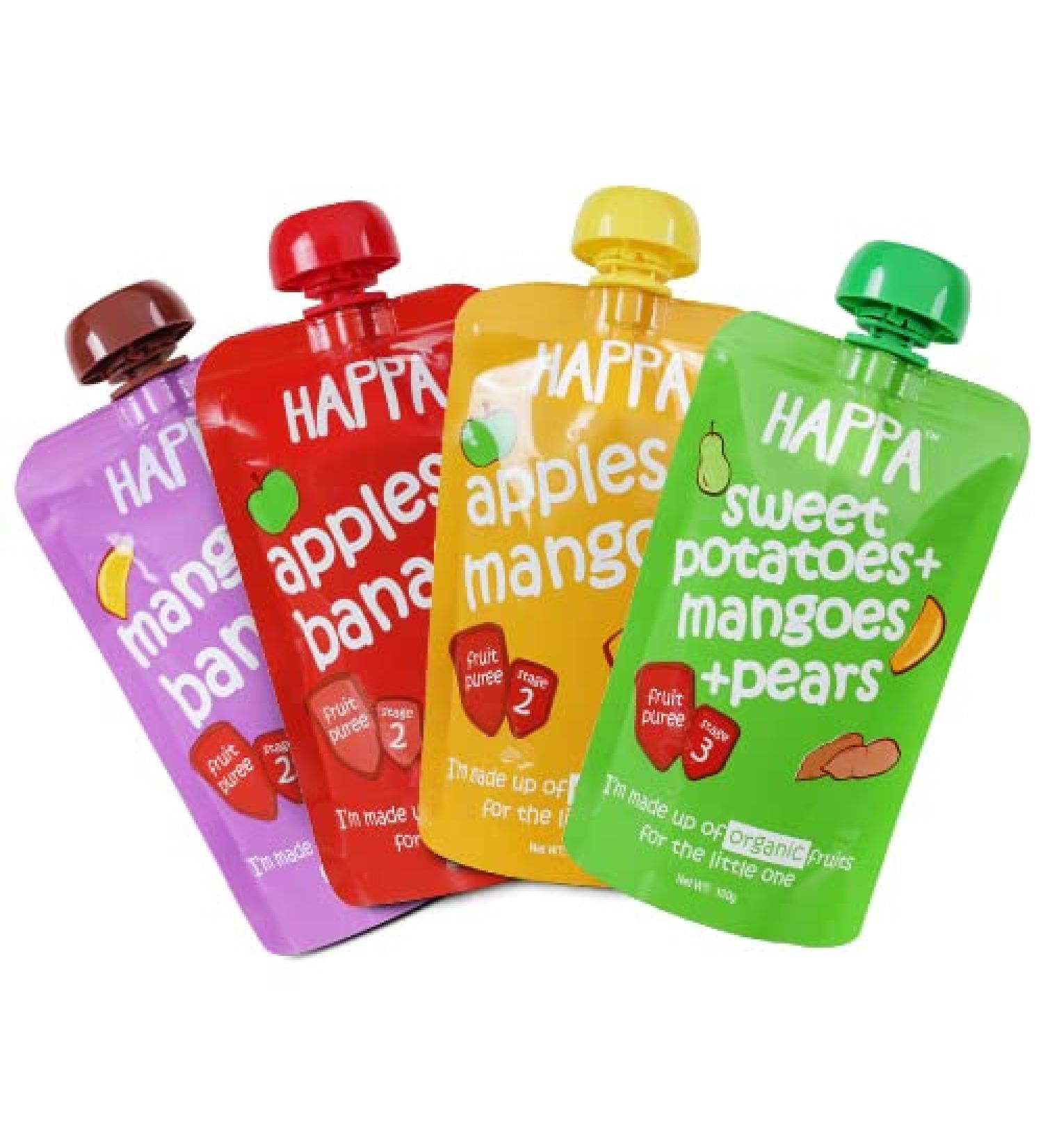 Happa Organic Food for little one Fruit Puree (Apple+Mango Mango+Banana Apple+Banana Sweet Potato+Mango+Pear) Stage 3 4 Pouches 100 Gram Each - Buy Online on GoSupps.com