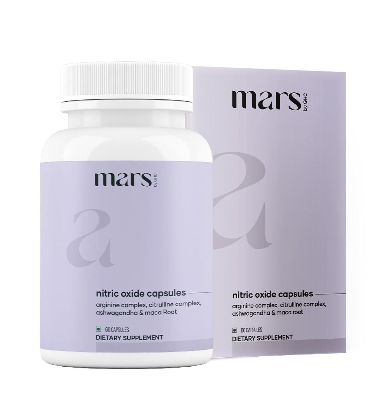 Mars Nitric Oxide Capsules with L-Arginine L-Citrulline & Adaptogenic Blend | Supports Energy Circulation & Muscle Recovery | 60 Capsules - Buy Online on GoSupps.com