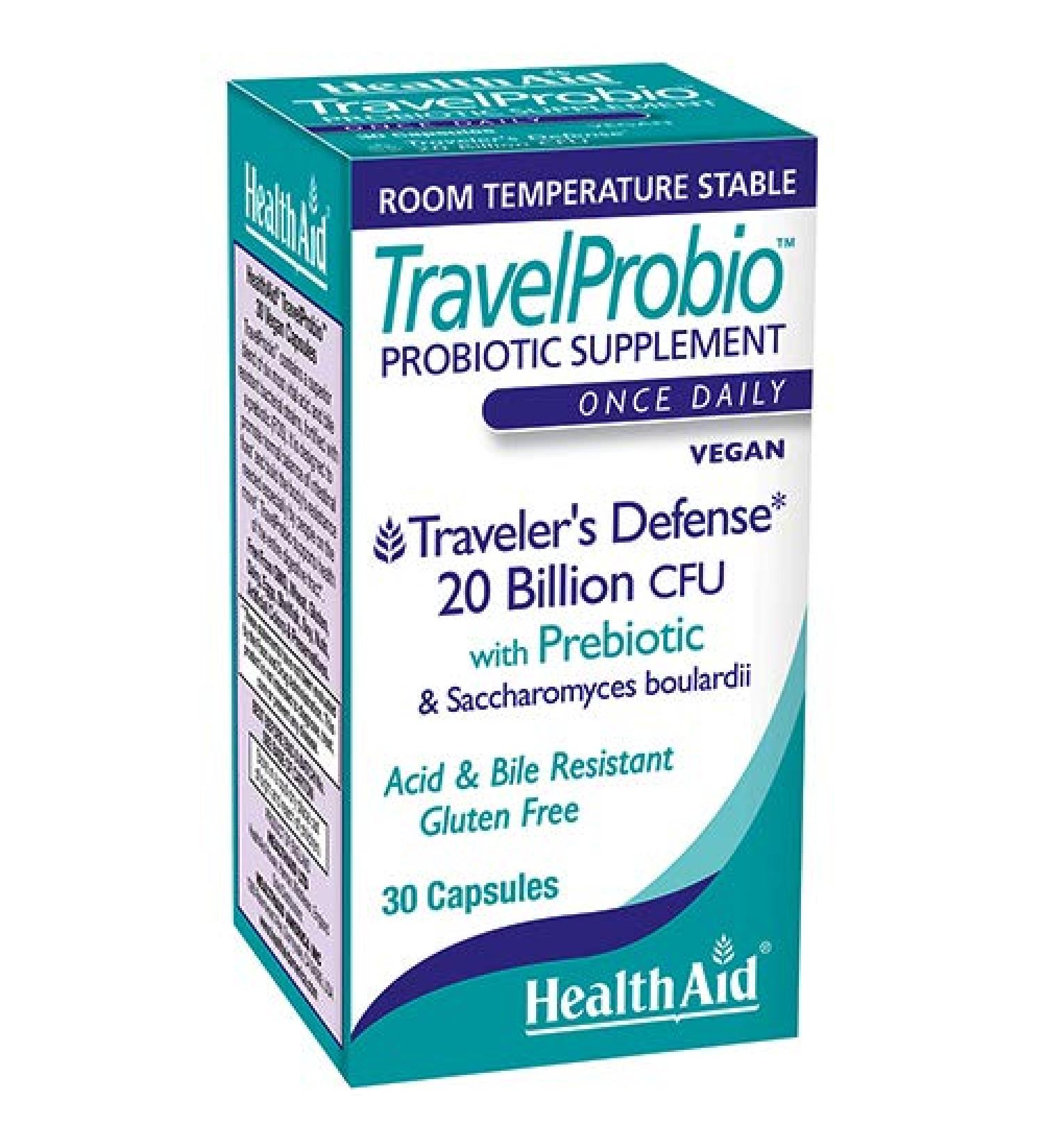 HealthAid TravelProbio 20 Billion CFU Probiotic Saccharomyces boulardii + Prebiotic (FOS) Acid & Bile Resistant Once Daily Vegan Gluten Free Room Temp Stable Travel Digestive Support - Buy Online on GoSupps.com