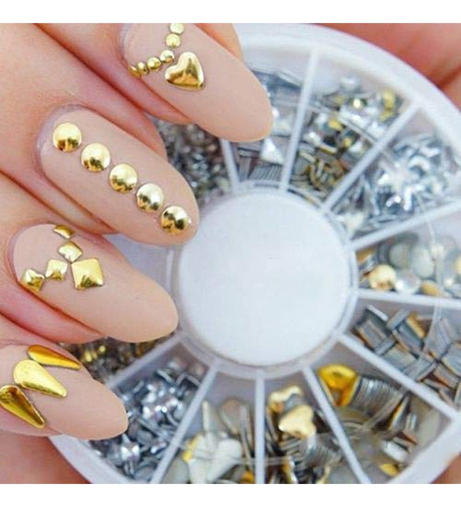 120Pcs/Wheel Nail Art Jewels DIY Metal Stud Stickers Golden Silver Metal Nail Art Stickers Decor Tips Glitter Nail Metallic Studs Nail Art Decoration Wheel Gift Random (Random) Golden Silver - Buy Online on GoSupps.com
