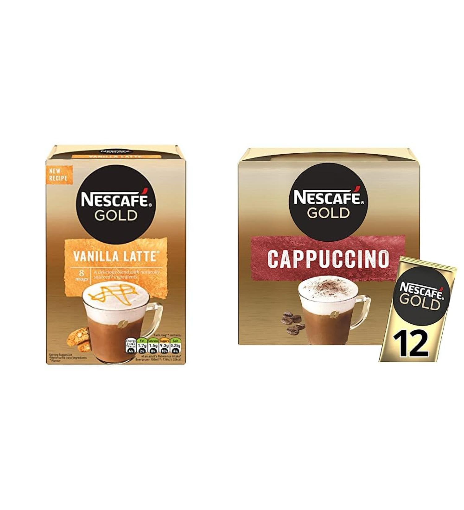 Nescafe Gold Vanilla Latte Instant Coffee Sachets (Pack of 6 Total 48 Sachets) & Gold Cappuccino Sachets 12 Cups (Pack of 1) - Buy Online on GoSupps.com
