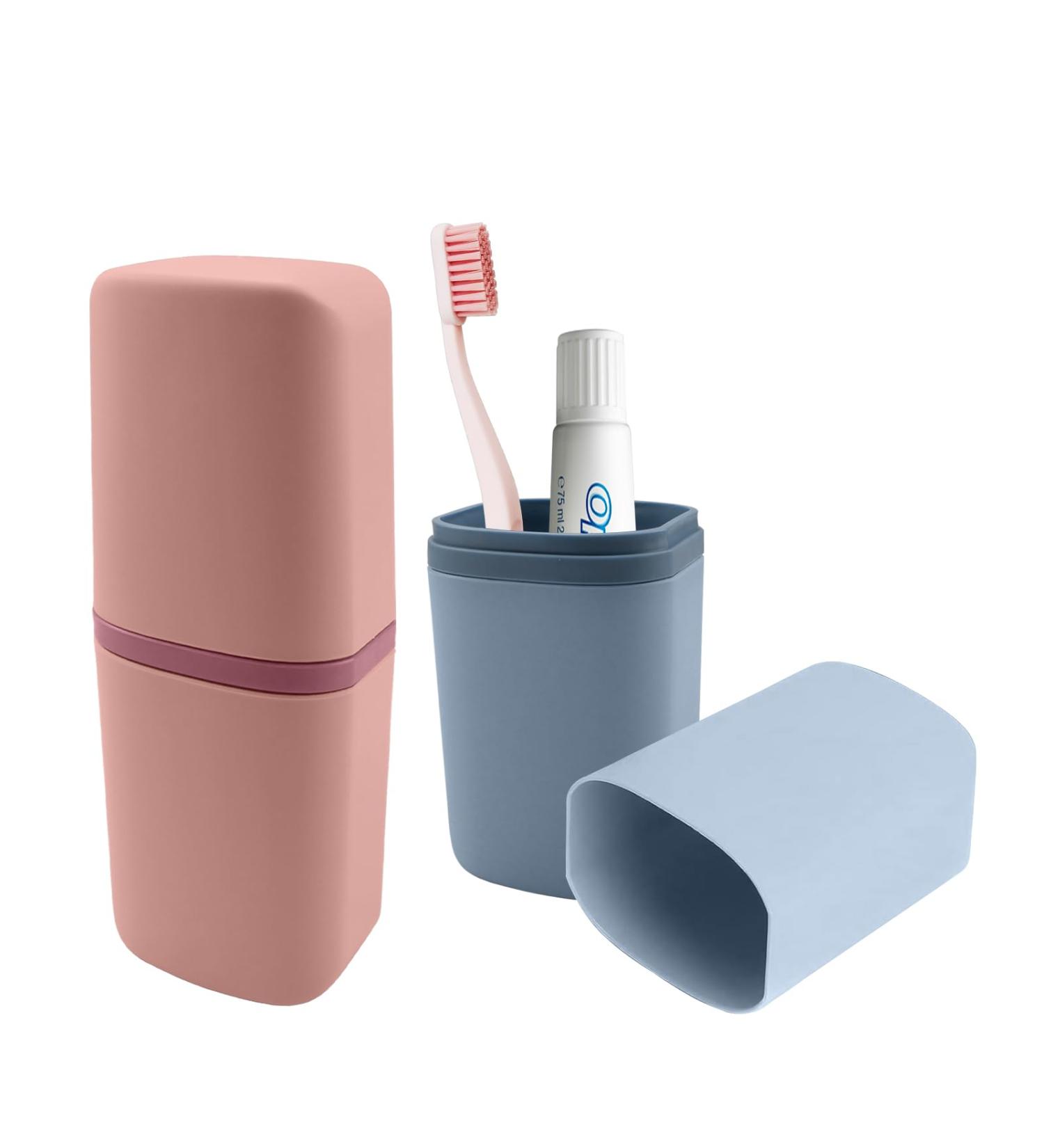 Justyit Portable Travel Toothbrush Case - Set of 2 Toothbrush Cups for Camping School & Business Trips (Blue Pink) - Buy Online on GoSupps.com