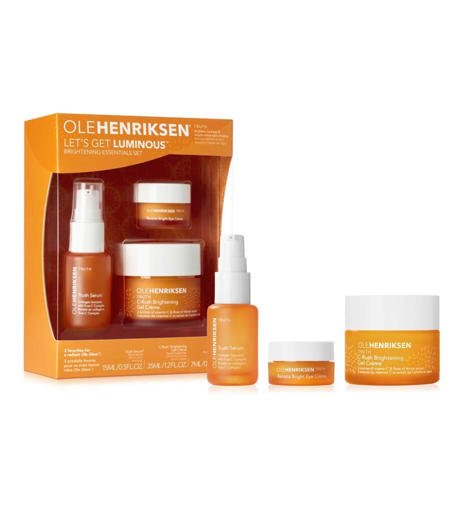Ole Henriksen "Let's Get Luminous" brightening serum vitamin C Essentials-Truth serum 15 ml brightening gel cream 30 ml banana bright eye cream 7 ml