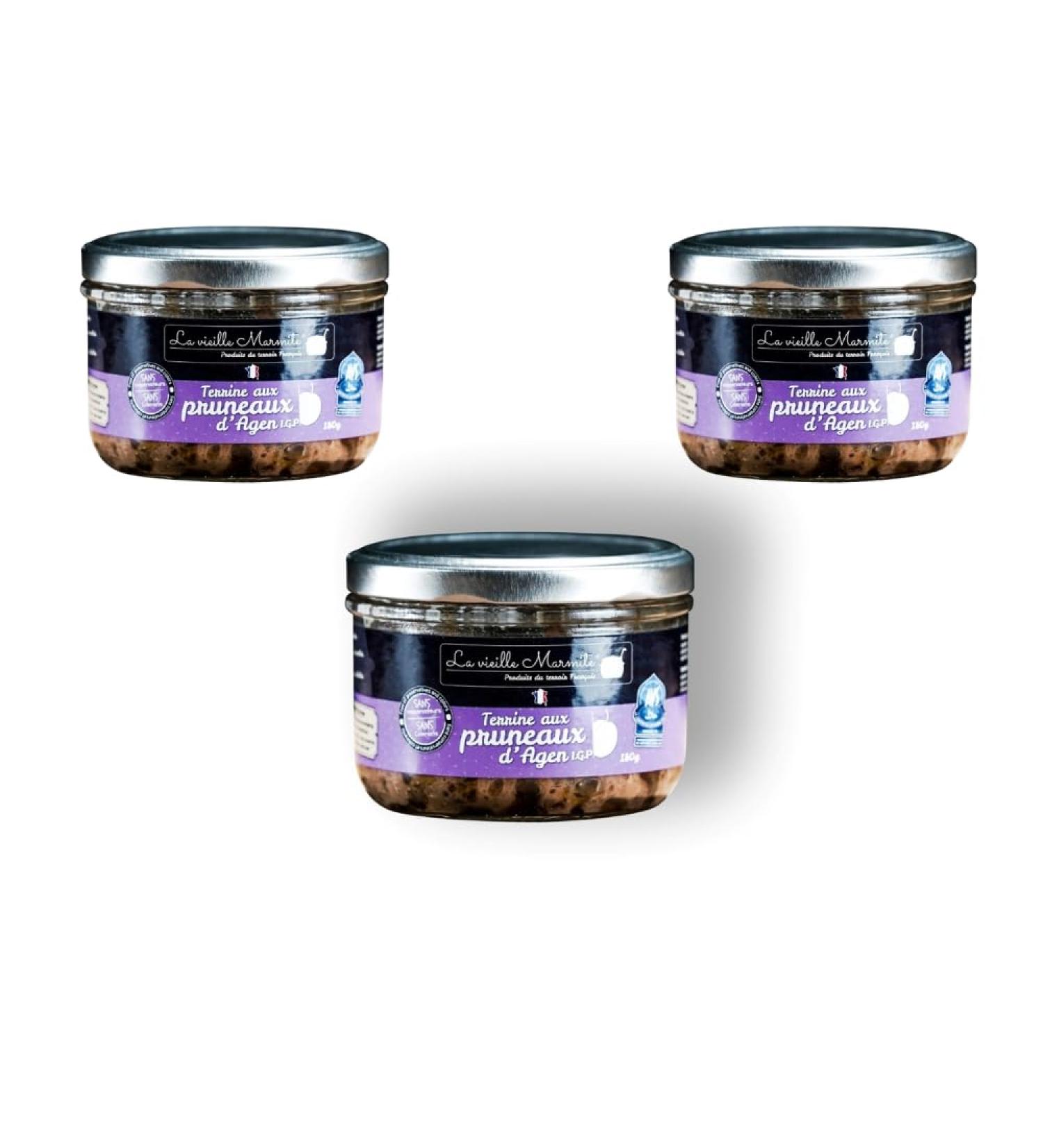 La Vieille Marmite Halal Agen Prune Terrines 180 Gr Pack of 3 - Rustic terrine combined with the sweetness of prunes - Quality ingredients and artisanal know-how - Made in France.