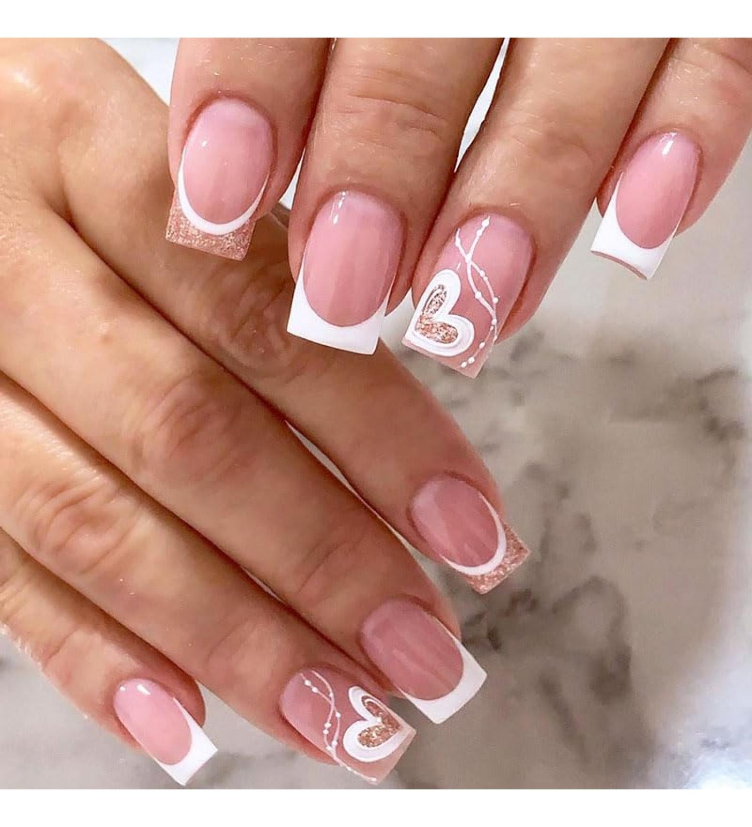 24Pcs French White Press on Nails with Heart Design - Short Medium Square Glitter Fake Nails for Women & Girls | Perfect for Daily Wear & Weddings - Buy Online on GoSupps.com