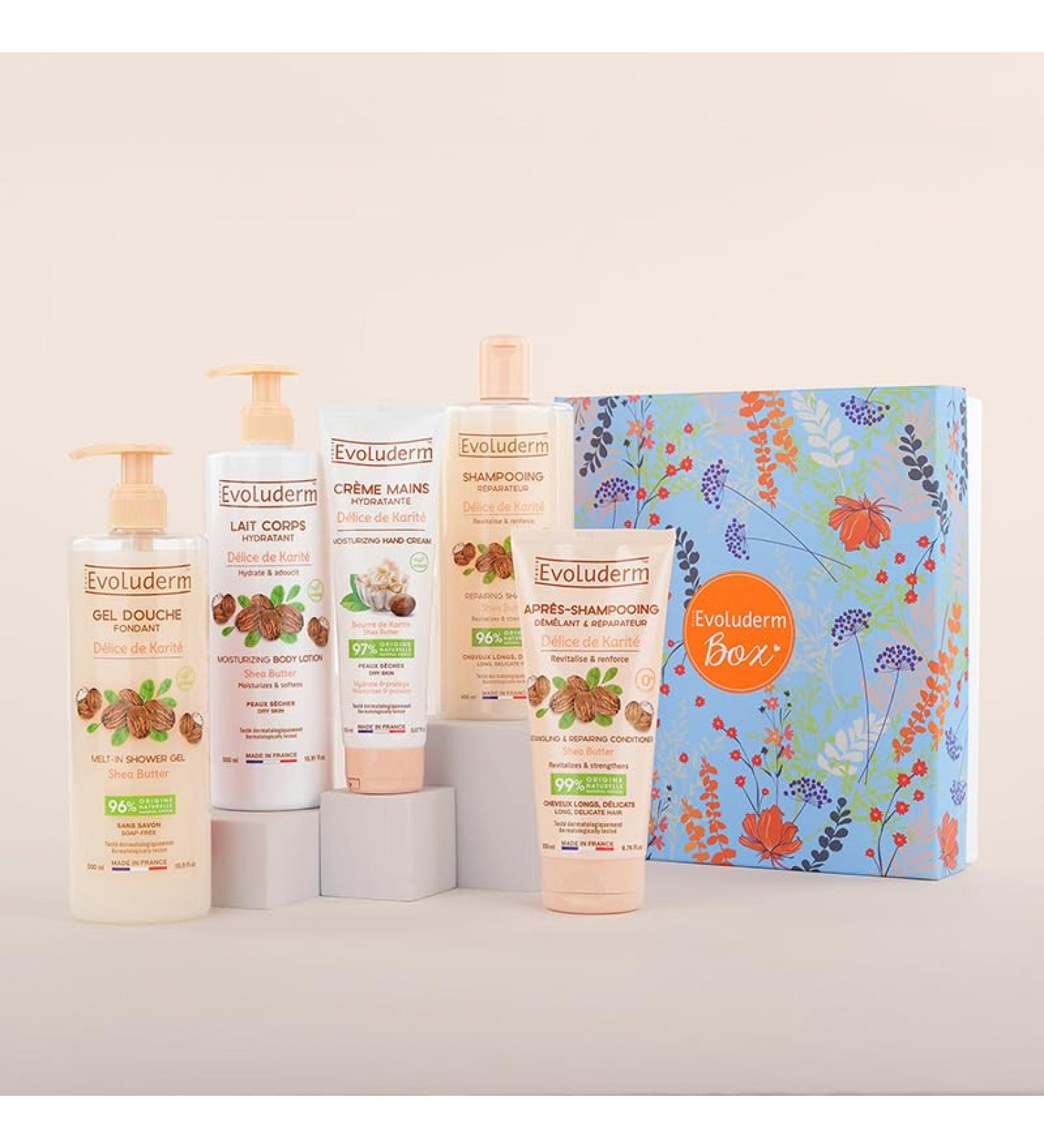 EVOLUDERM Coffret Cadeau Corps & Cheveux D lice de Karit 5 produits + Gant Offert Origine Naturelle - V gan Made in France - Id al cadeau No l Anniversaire F te des M res (Spring) - Buy Online on GoSupps.com