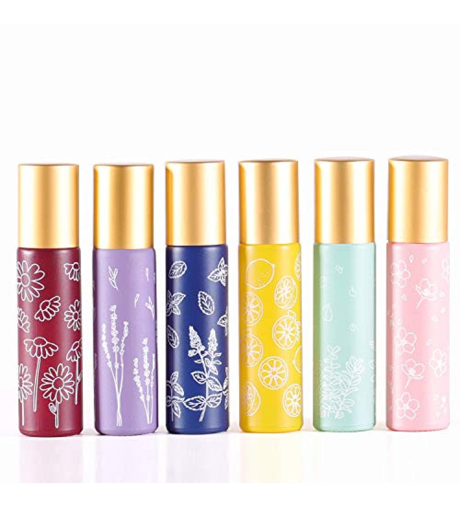 6 Pcs 10ml Glass Roll On Bottles - Stainless Steel Roller Balls - Golden Aluminum Lid - Printed Flower Design - Travel Size Container - Buy Online on GoSupps.com