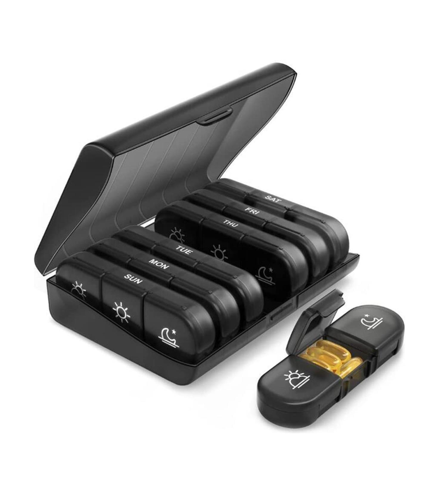 Buy Hoshen 21 Compartment Black Pill Box 7 Days 3 Daily Reminders | Portable & Organized Pill Organizer - International Shipping Available - Buy Online on GoSupps.com