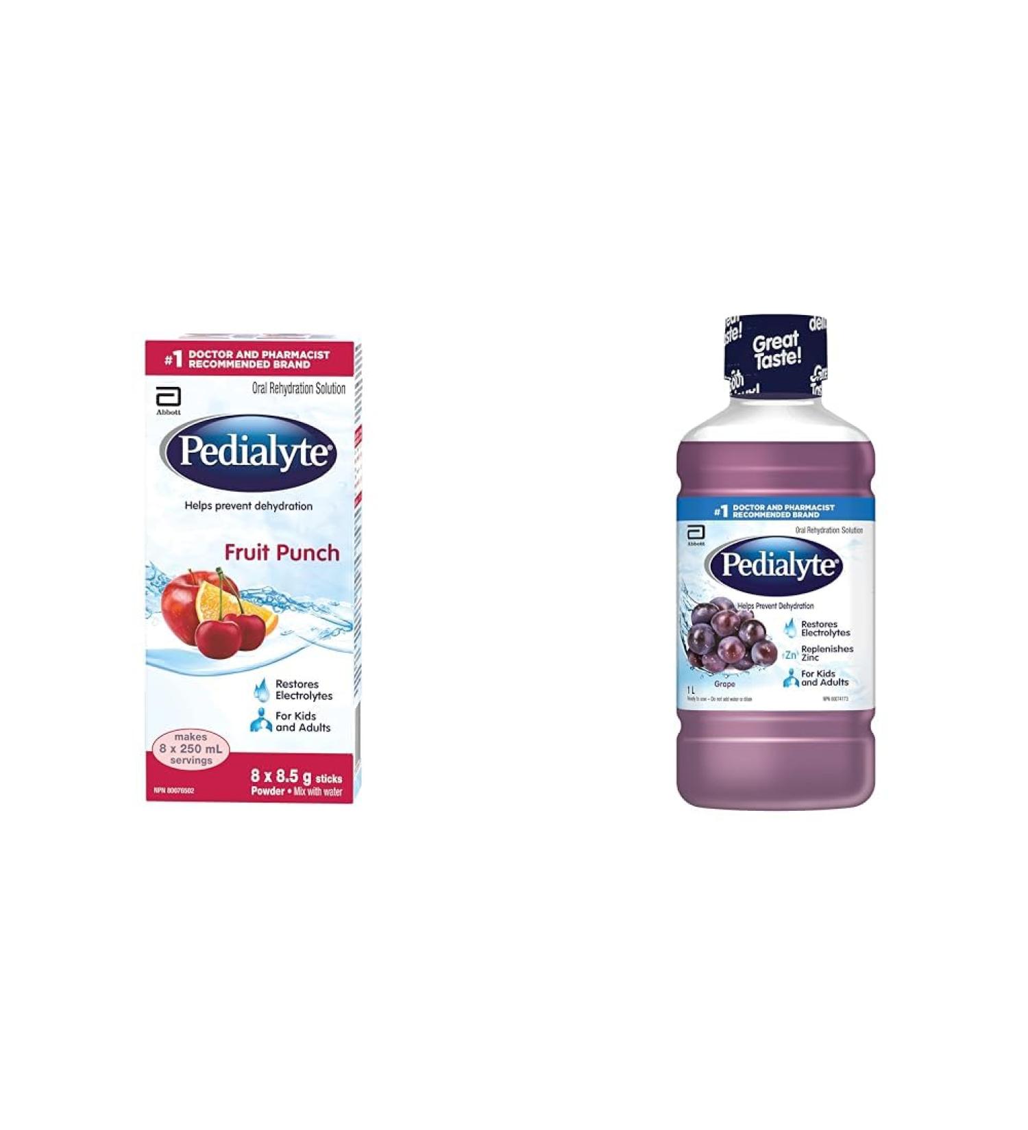 Pedialyte Electrolyte Powder Sticks Oral Rehydration Solution Fruit Punch 8 x 8.5 g Electrolyte Powder Packets & Electrolyte Oral Rehydration Solution Grape 1-L Bottle Drink Flavored + Grape Flavor Fruit Punch 8 Count (Pack of 1) - Buy Online on GoSupps.com