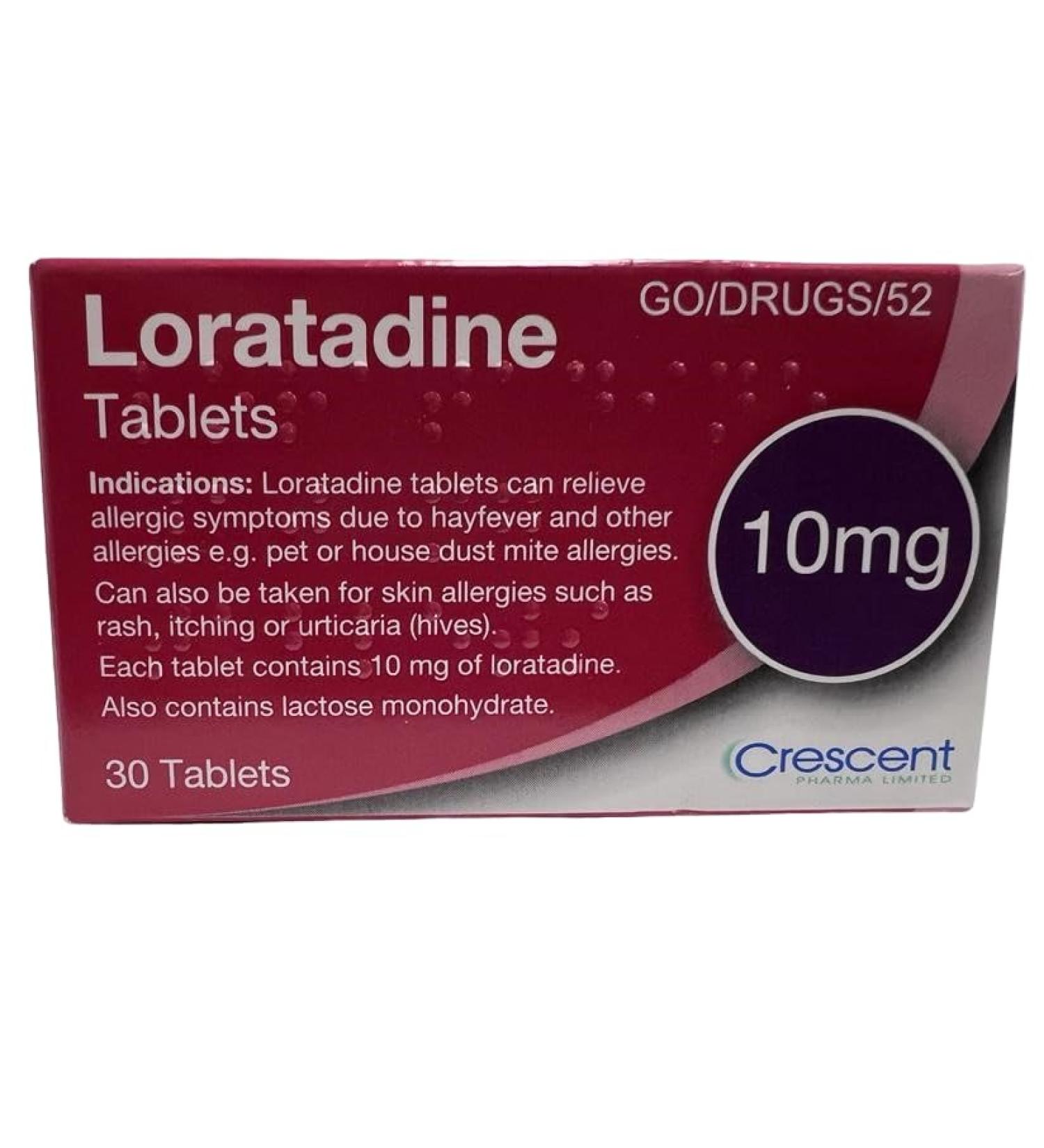 Loratadine Hayfever & Allergy Relief 10mg 1 Box x 30 Tablets GSL Crescent