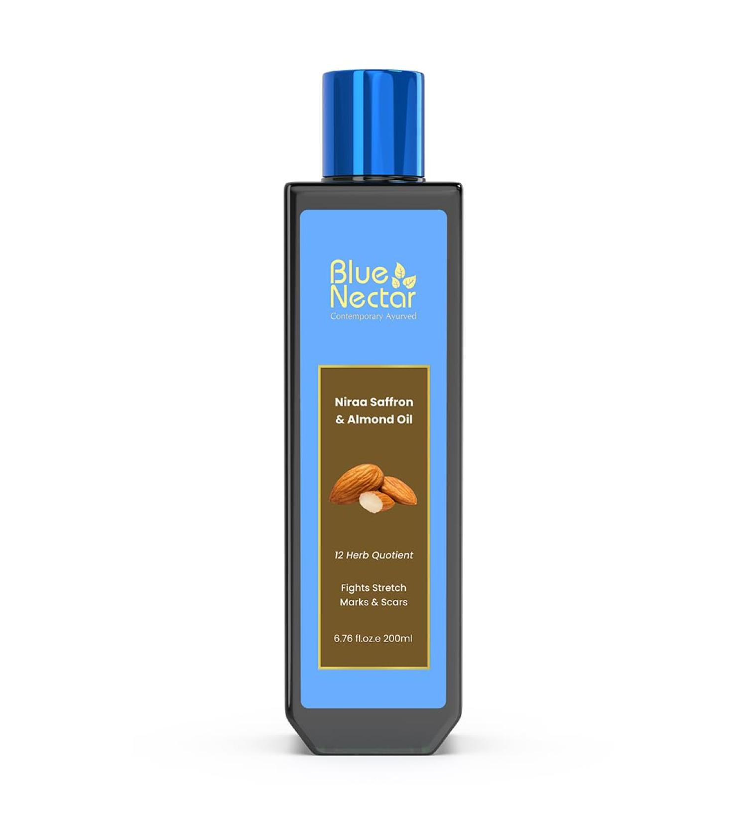 Blue Nectar Saffron & Almond Oil | Fights Stretch Marks & Scars | Moisturizes & Nourishes Skin | Natural Glow Enhancer | For All Skin Types (12 Herbs 200ml) - Buy Online on GoSupps.com