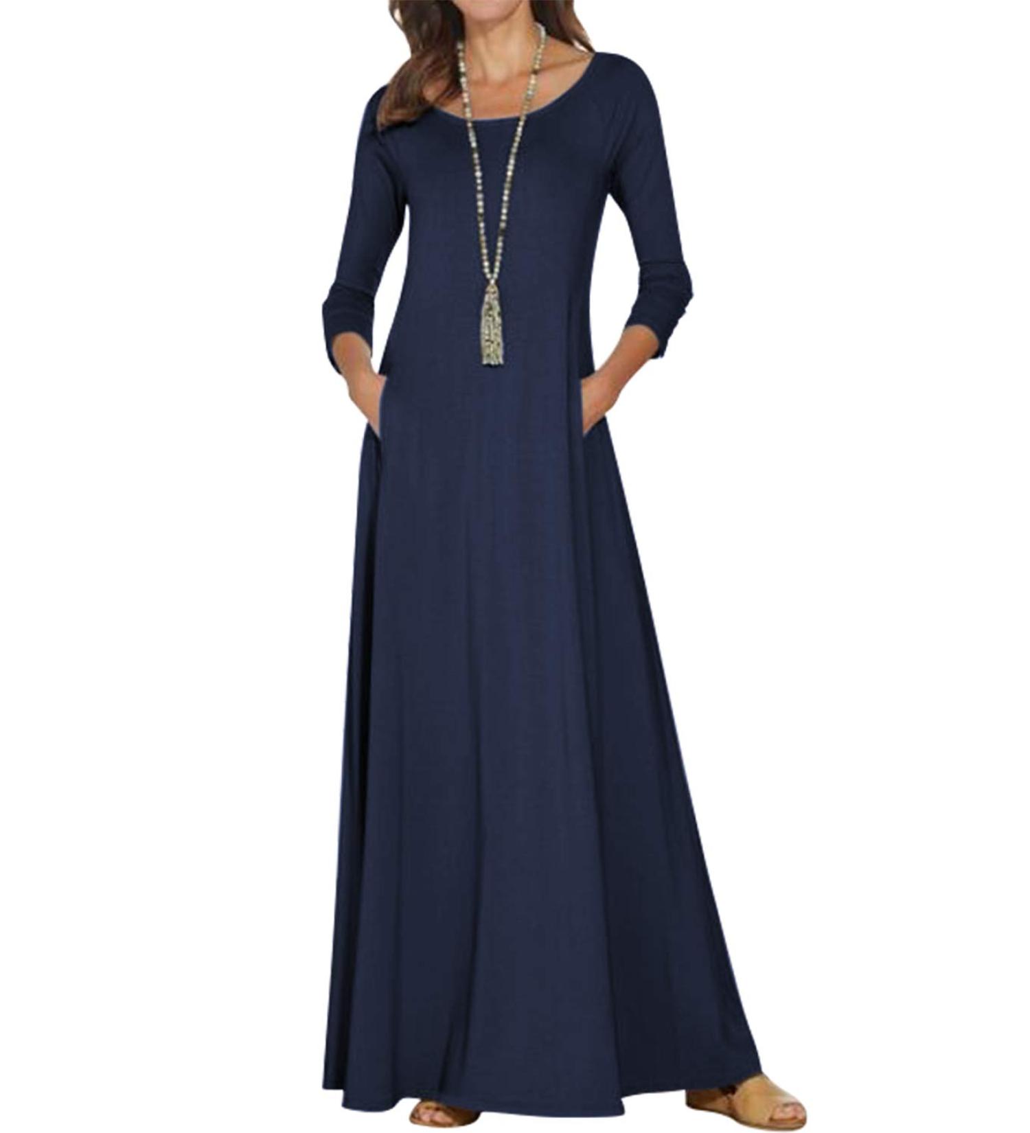 Jacansi Women's 3/4 Sleeve Maxi Dress with Pockets - XXL Navy | Casual Boat Neck Style - Buy Online on GoSupps.com