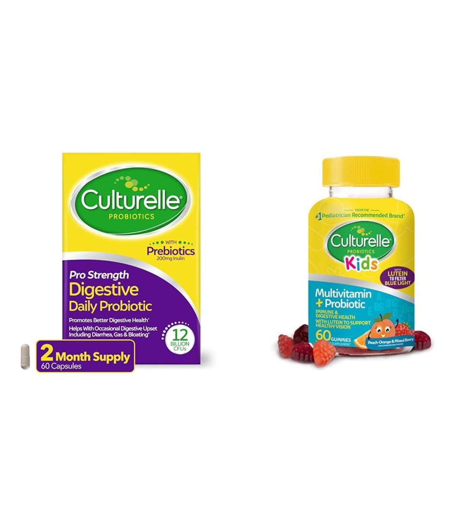 Culturelle Pro Strength Daily Probiotic Digestive Health Capsules 60 Count Kids Probiotic Gummies Peach-Orange & Mixed Berry 60 Count - Buy Online on GoSupps.com