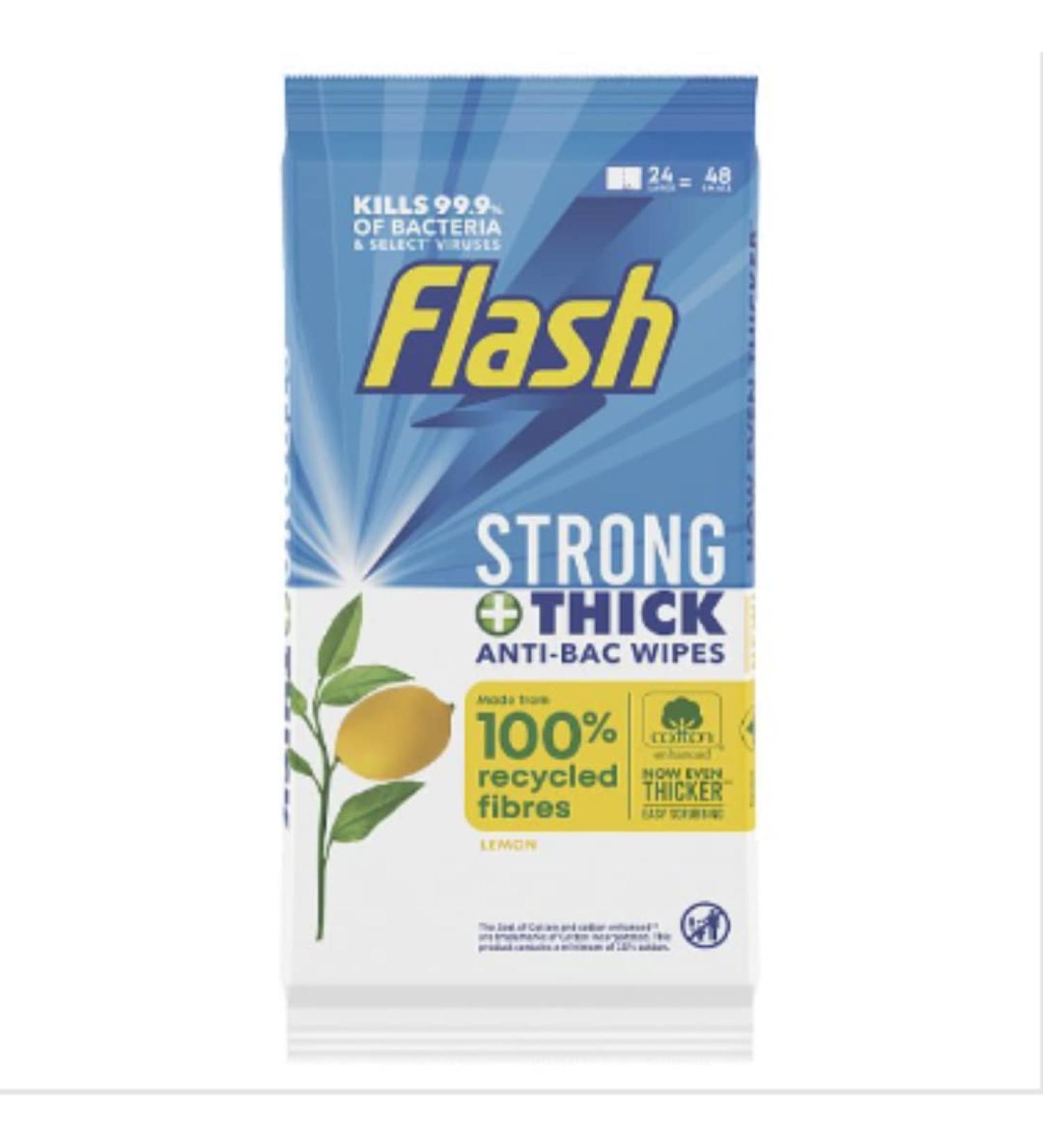 Flash Strong & Thick Antibacterial Wipes Made of 100% Recycled Fibres With Lemon Scent 24 x Case of 8