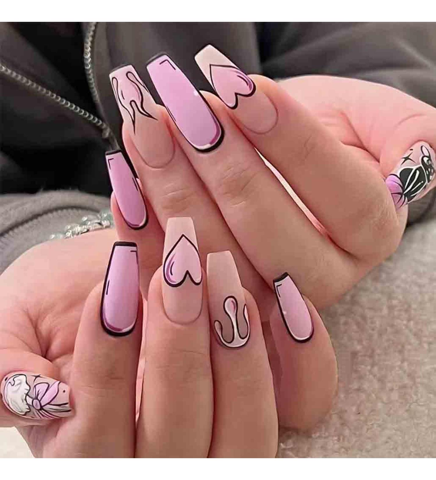 Foccna Comic Pink Press on Nails - Extra Long Acrylic Coffin LOVE Design Fake Nails for Women - 24 pcs - Buy Online on GoSupps.com