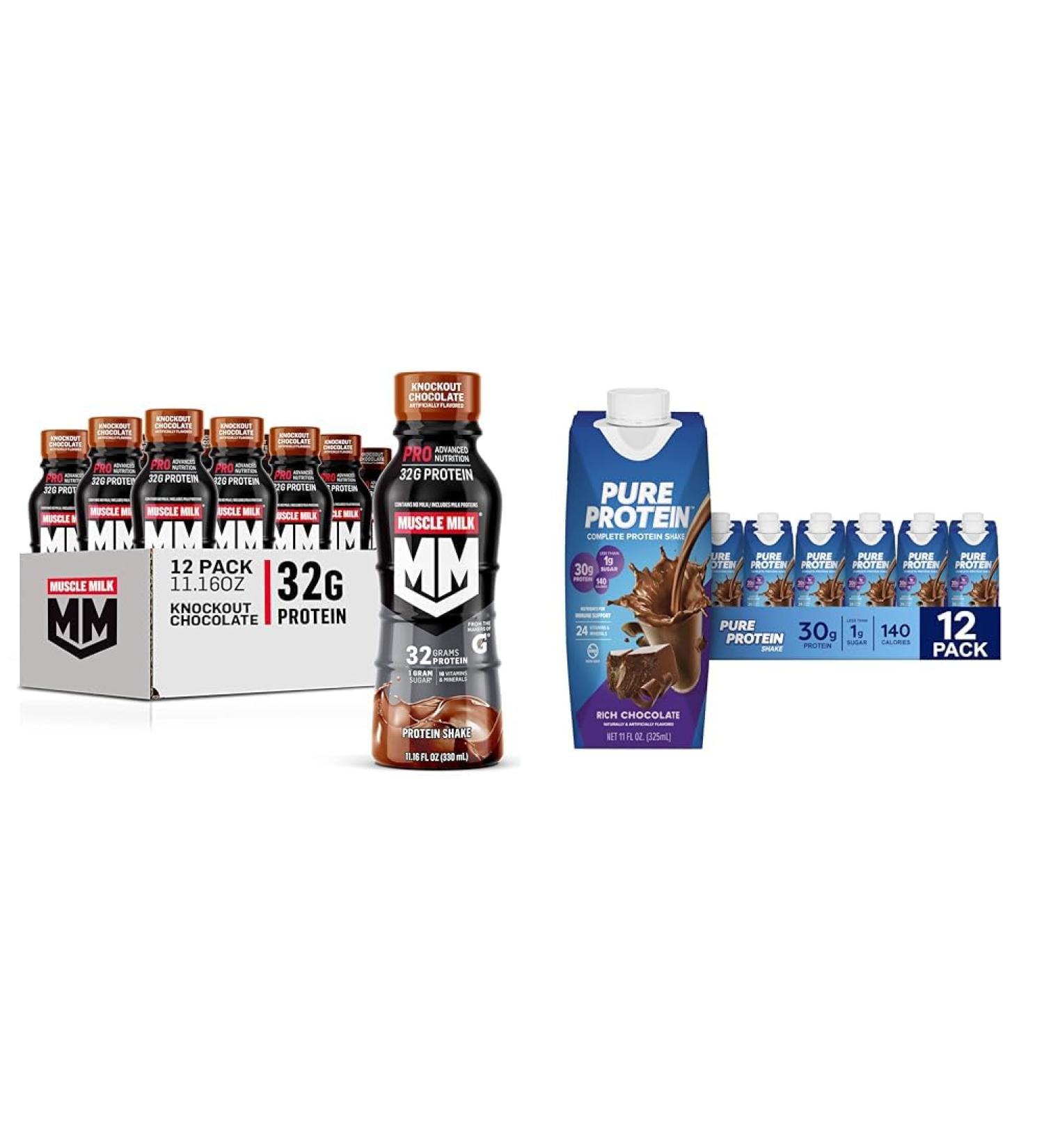 Muscle Milk Pro Advanced Nutrition Protein Shake Knockout Chocolate 11.16 Fl Oz Pack of 12 & Pure Protein Chocolate Protein Shake 30g Protein 11oz Bottles 12 Pack - Buy Online on GoSupps.com