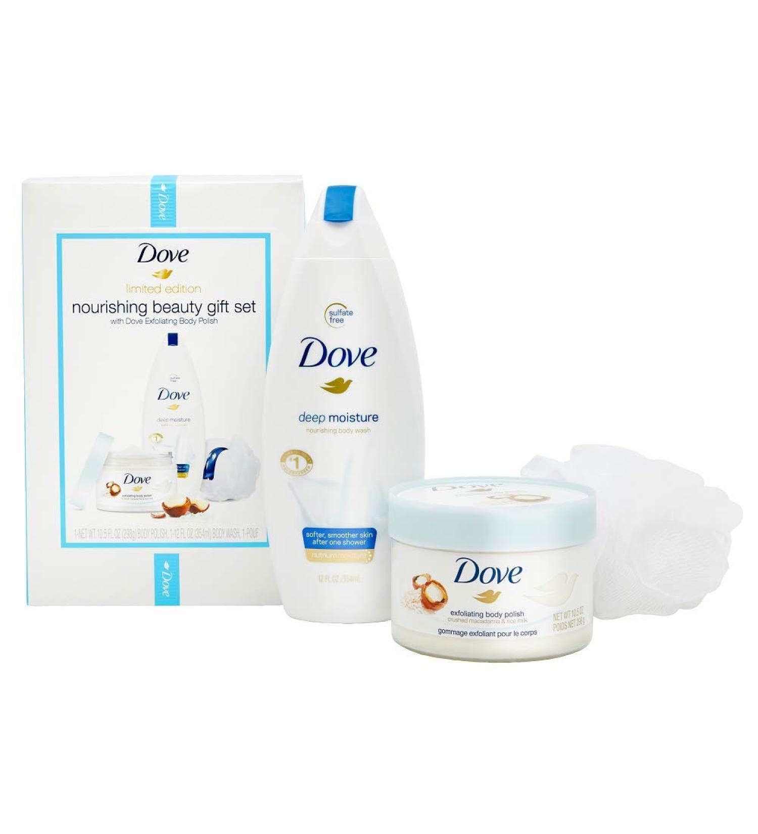 Dove Limited Edition Beauty Gift Set Exfoliating Body Polish and Moisturizing Body Wash with FREE Body Pouf Macadamia  Rice Milk