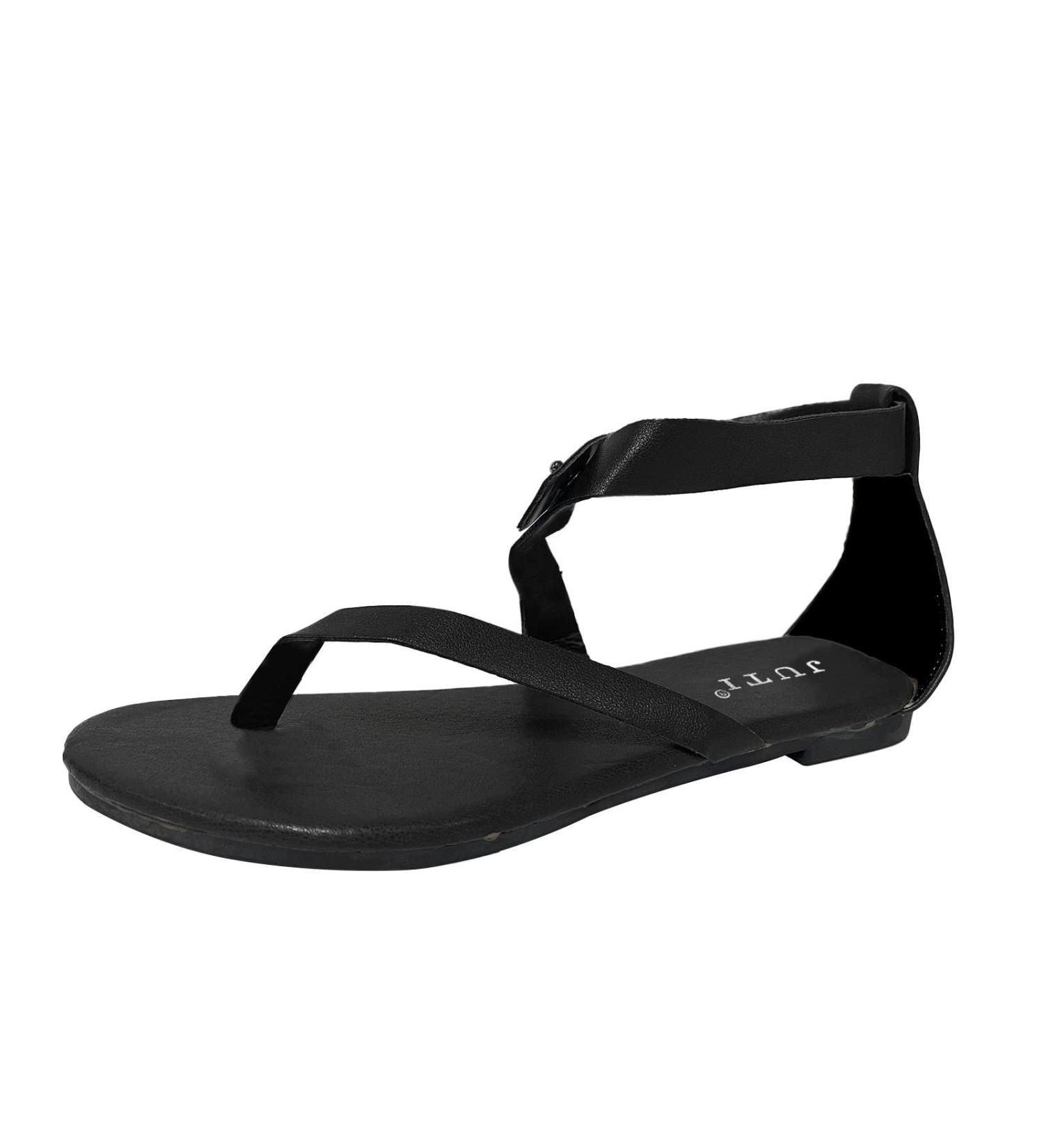 Xtz YGLD Women's Summer Sandals - Flat Tanga Open Toe Buckle Band - Light Brown & Black 5.5 UK - Buy Online on GoSupps.com