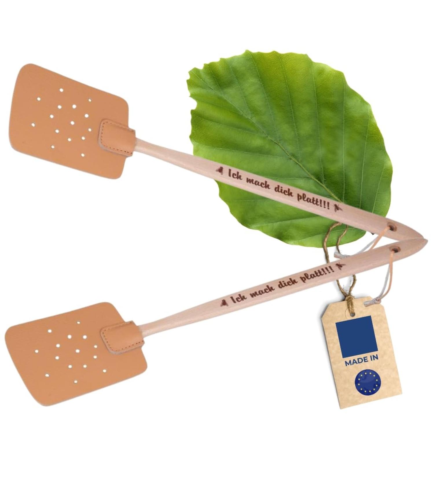 2x Hofmeister Beech Wood & Leather Fly Swatters - Practical Mosquito Catchers with 'I Make You Flat!!!' Print - 47.5 cm - Ships Worldwide! - Buy Online on GoSupps.com